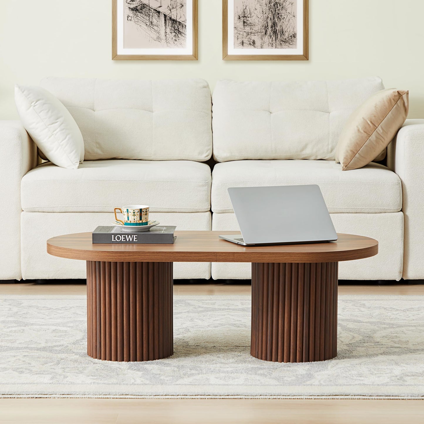 RUSTYER Oval Fluted Coffee Table, Farmhouse Wood Coffee Table Mid Century Modern Center Table Boho Living Room Tables for Living Room Office (Walnut, 19.69" D x 39.38" W x 13.78" H)