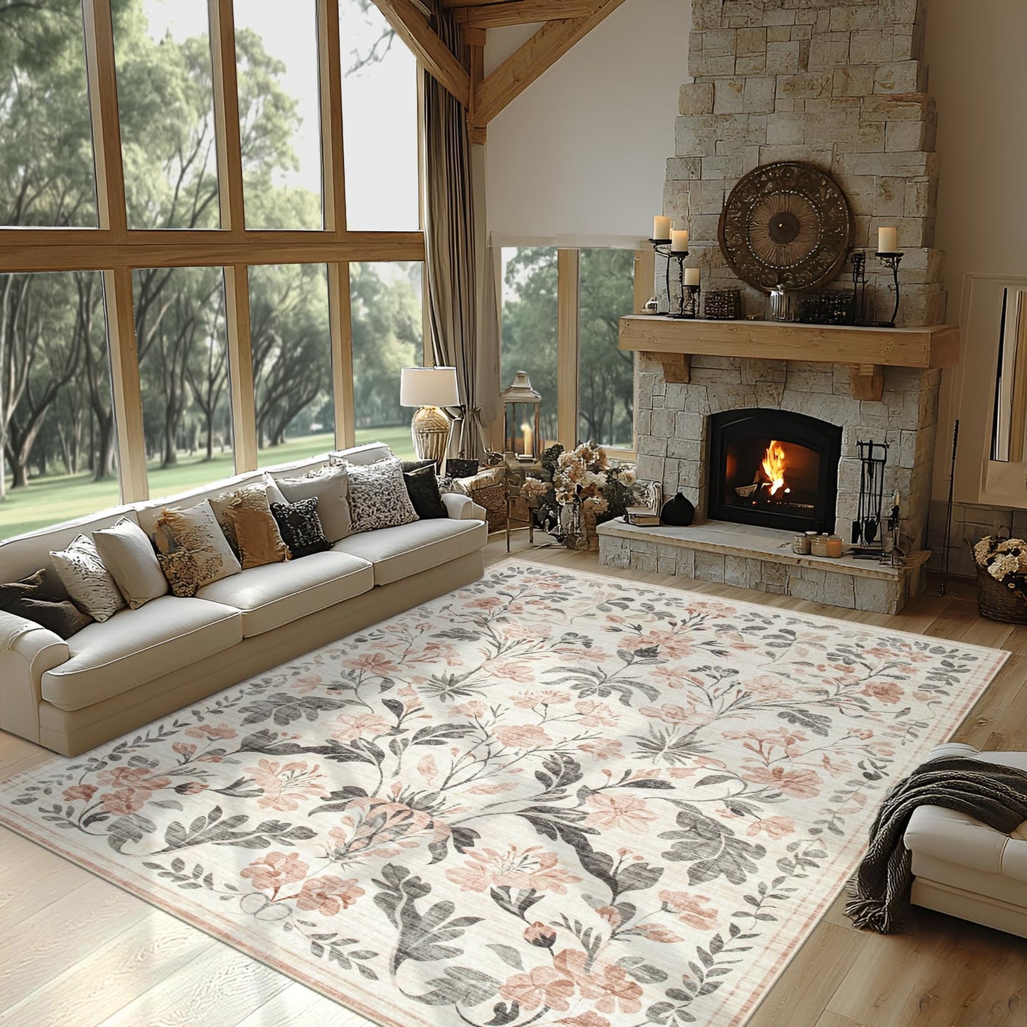 8x10 Area Rugs Washable Rug: Lagre Boho Living Room Rug Soft Anti-Skid Thin Carpet Indoor Floor Non-Shedding Neutral Floral Carpets for Bedroom Dining Room Farmhouse Nursery Pink