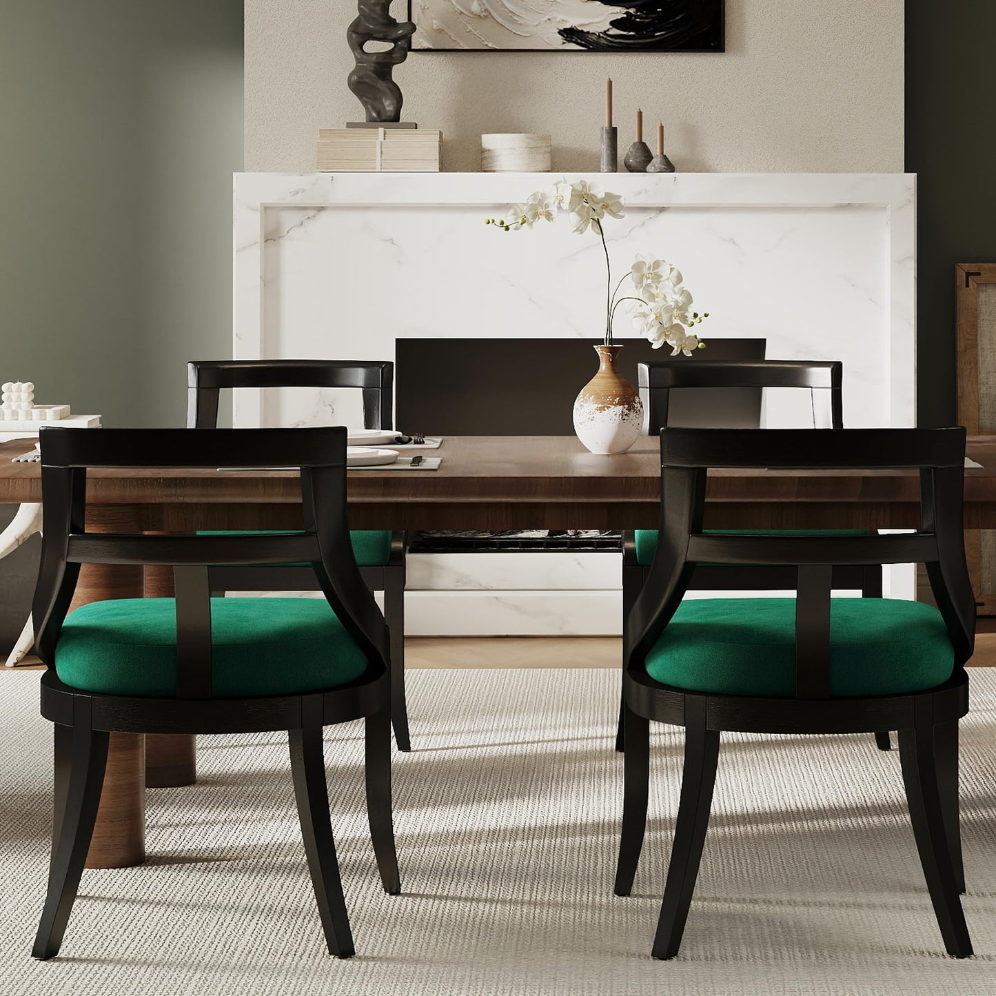 LZAREAL Modern Farmhouse Dining Chairs Set of 4 Mid Century Upholstered Dining Chair with Wooden Curved Back Kitchen Chairs for Dining Room Restaurant Cafe, Black-Velvet Green