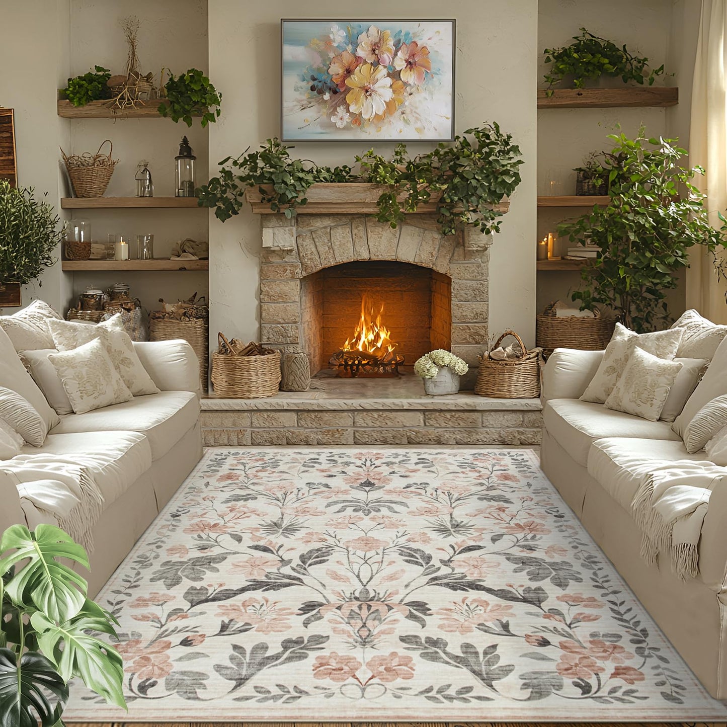 8x10 Area Rugs Washable Rug: Lagre Boho Living Room Rug Soft Anti-Skid Thin Carpet Indoor Floor Non-Shedding Neutral Floral Carpets for Bedroom Dining Room Farmhouse Nursery Pink