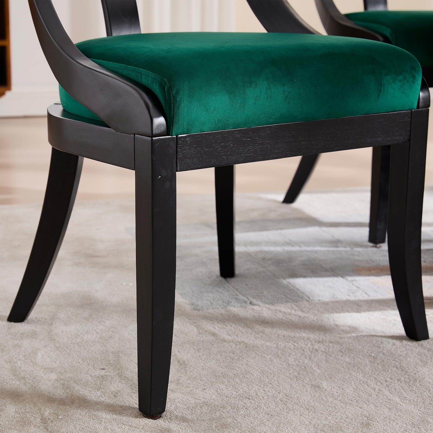 LZAREAL Modern Farmhouse Dining Chairs Set of 4 Mid Century Upholstered Dining Chair with Wooden Curved Back Kitchen Chairs for Dining Room Restaurant Cafe, Black-Velvet Green