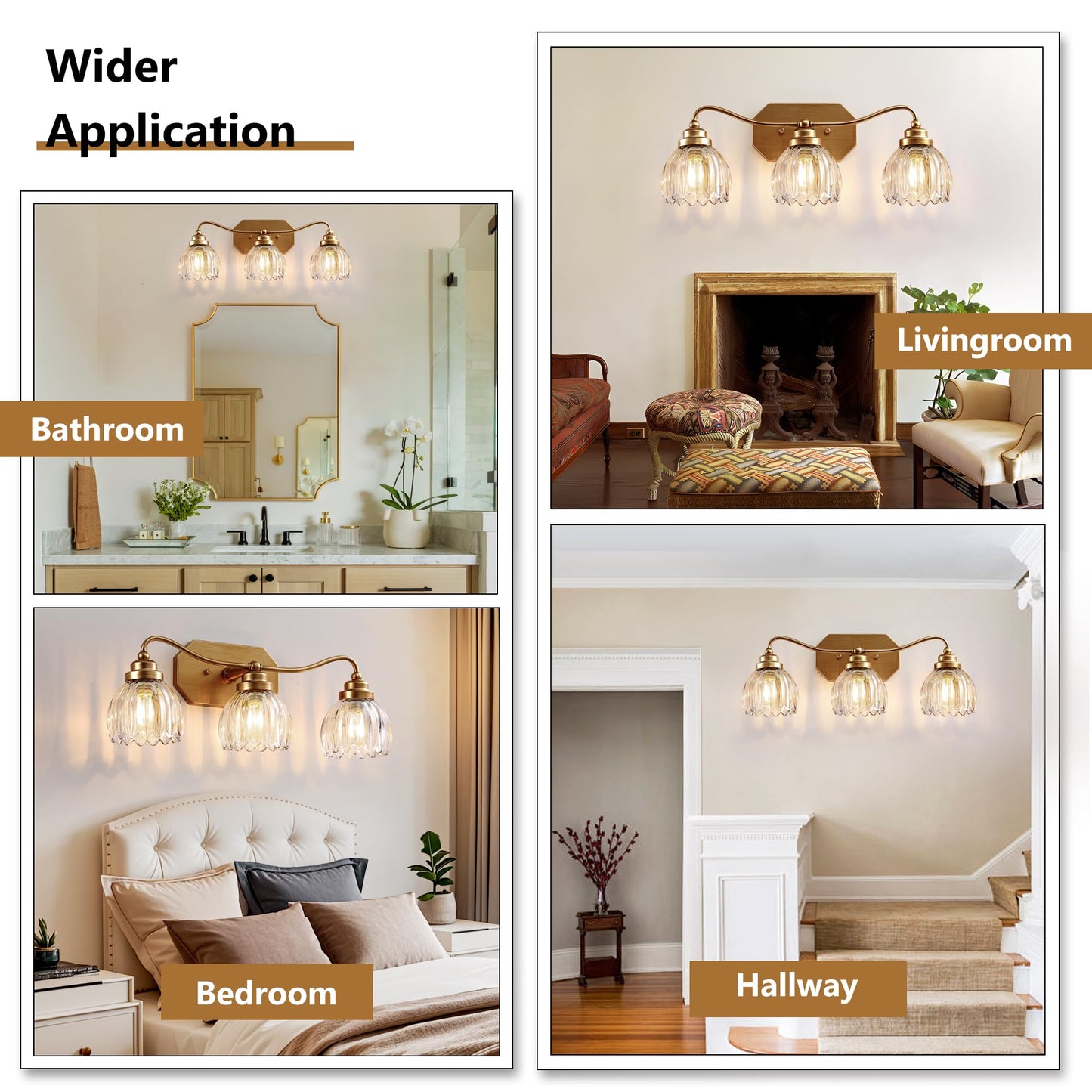 Vintage Bathroom Light Fixtures, Gold Bathroom Vanity Light, Matte Antique Brass Finish with Crystal Glass Shade, Wall Sconces Lighting for Bedroom, Living Room, Hallway (Gold, 3-Light)