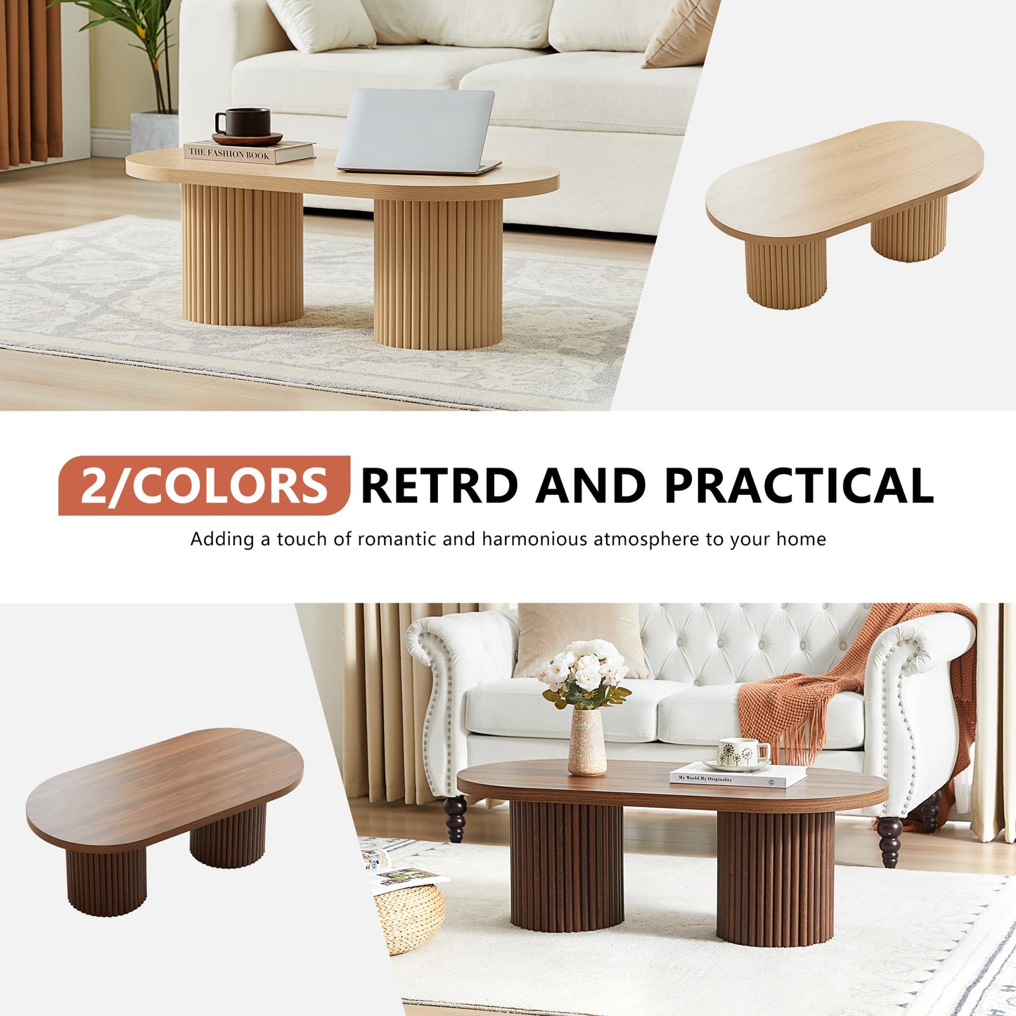 RUSTYER Oval Fluted Coffee Table, Farmhouse Wood Coffee Table Mid Century Modern Center Table Boho Living Room Tables for Living Room Office (Walnut, 19.69" D x 39.38" W x 13.78" H)