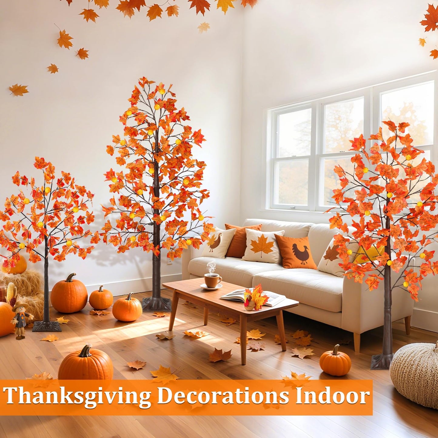 8 Modes & Remote - 3 Pack Lighted Fall Tree (4FT, 5FT, 6FT) with 240 Warm White LED Lights, Timer/USB Plug, Fall Decorations for Home Maples Tree for Autumn Thanksgiving Decor Party Indoor Outdoor