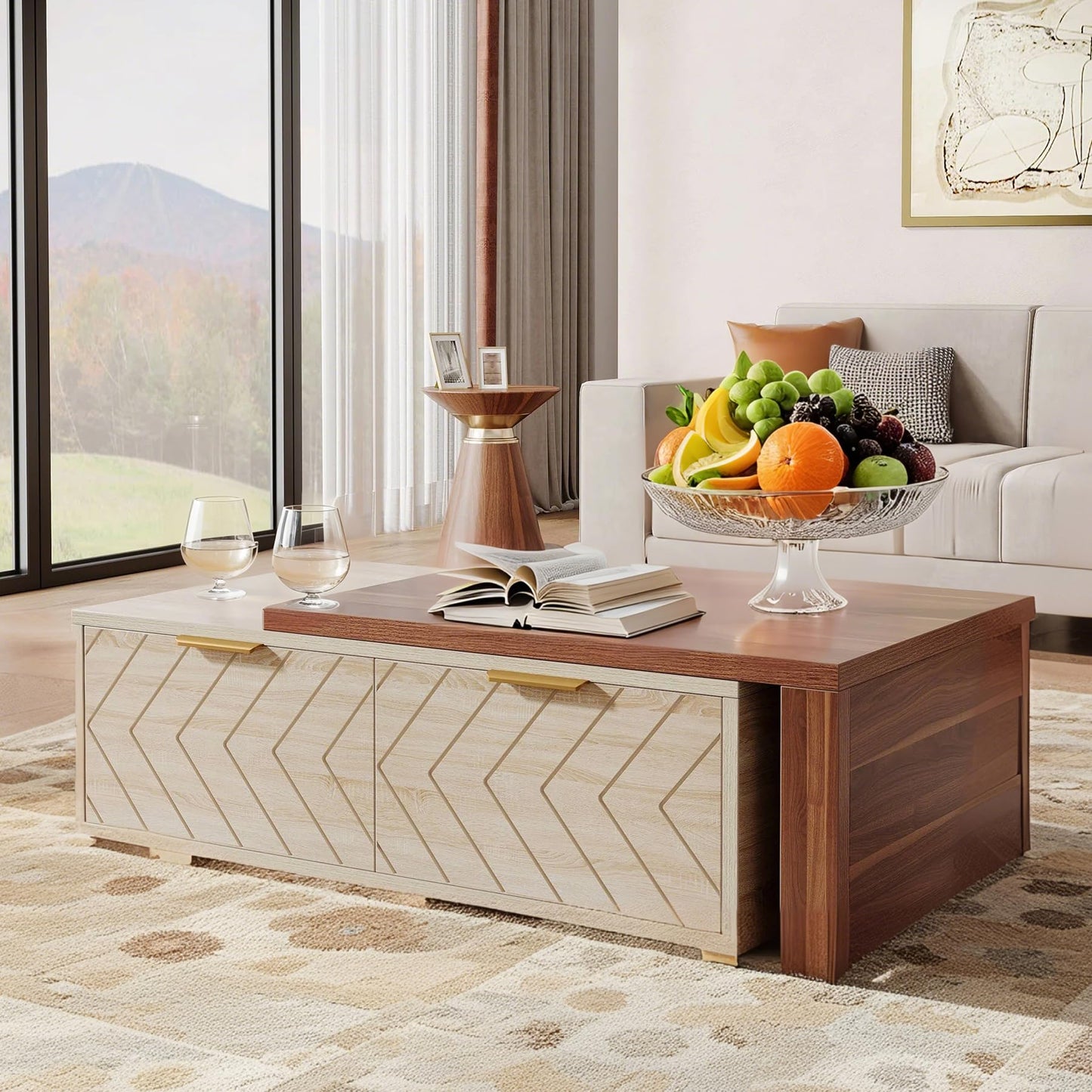 Lawrenis Design Expandable Home Rectangular Wooden Coffee Table, Living Room Center Coffee Table with Storage Drawers, Open Shelves, Natural