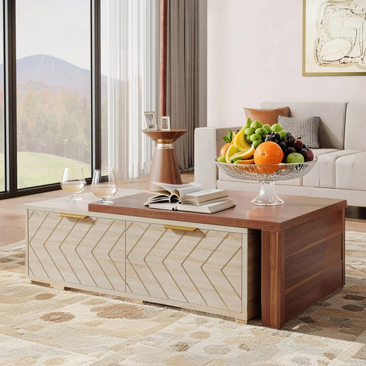 Lawrenis Design Expandable Home Rectangular Wooden Coffee Table, Living Room Center Coffee Table with Storage Drawers, Open Shelves, Natural