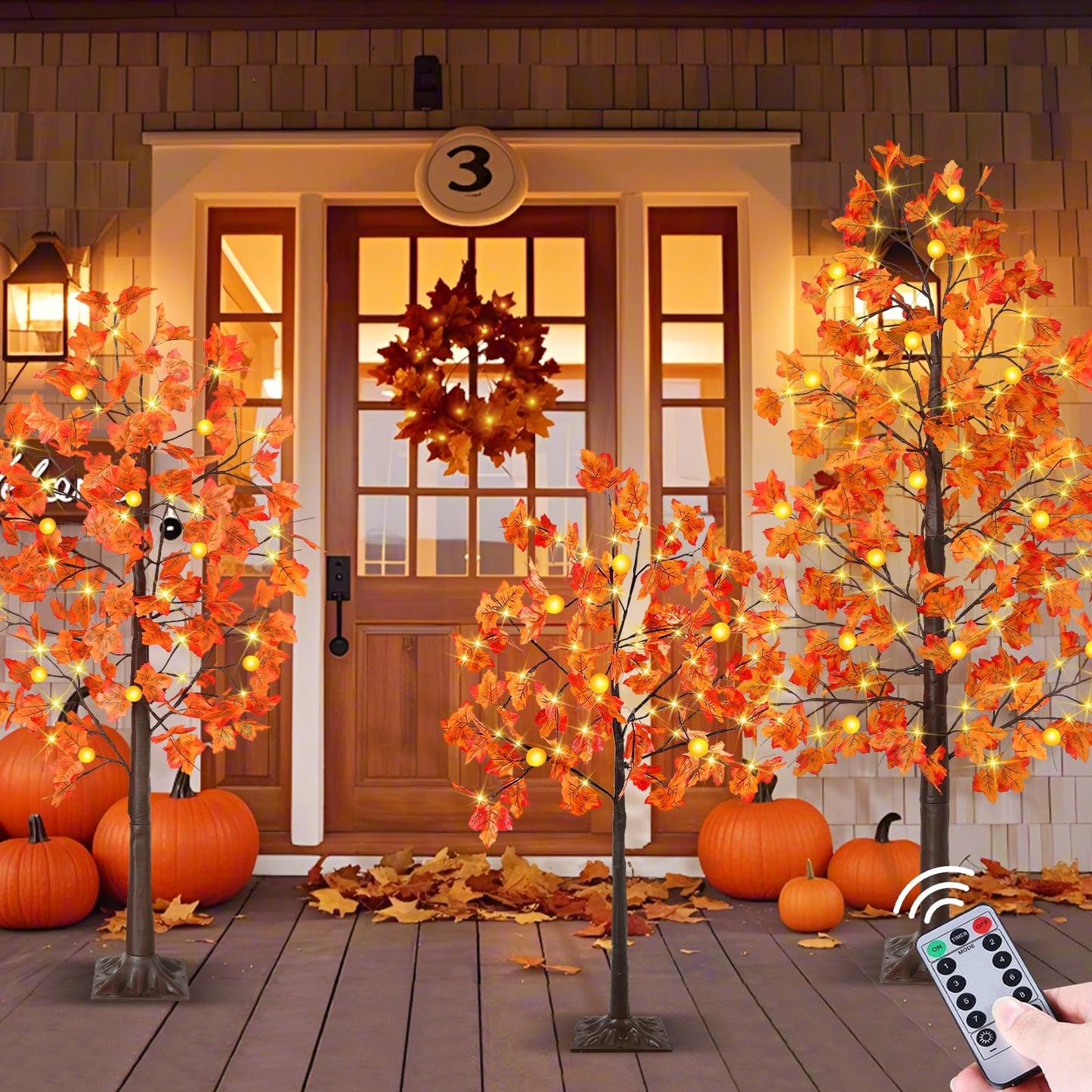 8 Modes & Remote - 3 Pack Lighted Fall Tree (4FT, 5FT, 6FT) with 240 Warm White LED Lights, Timer/USB Plug, Fall Decorations for Home Maples Tree for Autumn Thanksgiving Decor Party Indoor Outdoor
