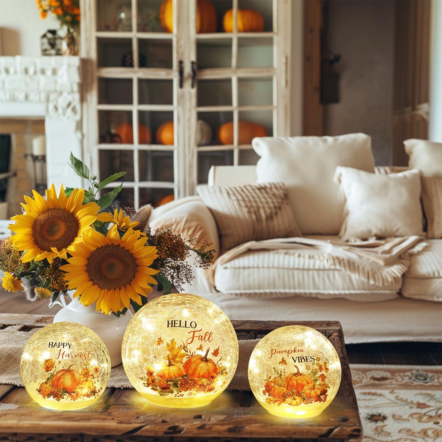 NEEDOMO Fall Table Decor, Set of 3 Sparkling Crackle Glass Ball with LED Lights Timer Pumpkin Gnomes for Thanksgiving Decor, Autumn Centerpieces Thanksgiving Decorations for HomeTabletop Mantel Indoor