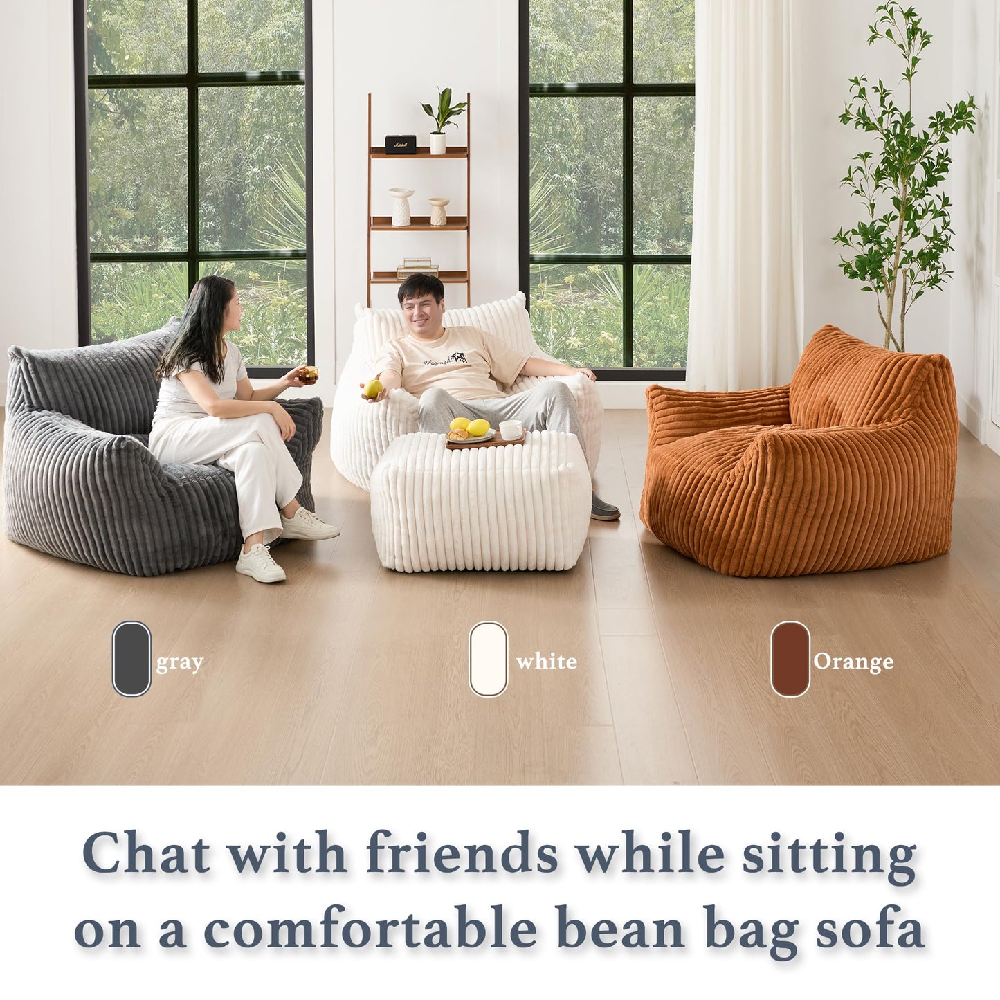 Gericco Oversized Bean Bag Chaise Lounge Chair Indoor for Adults with Armrests & Ottoman - Giant Comfy Orange Beanbag Floor Sofa Cloud Accent Chair for Reading, Gaming, Cozy Plush Cloud Mini Couch