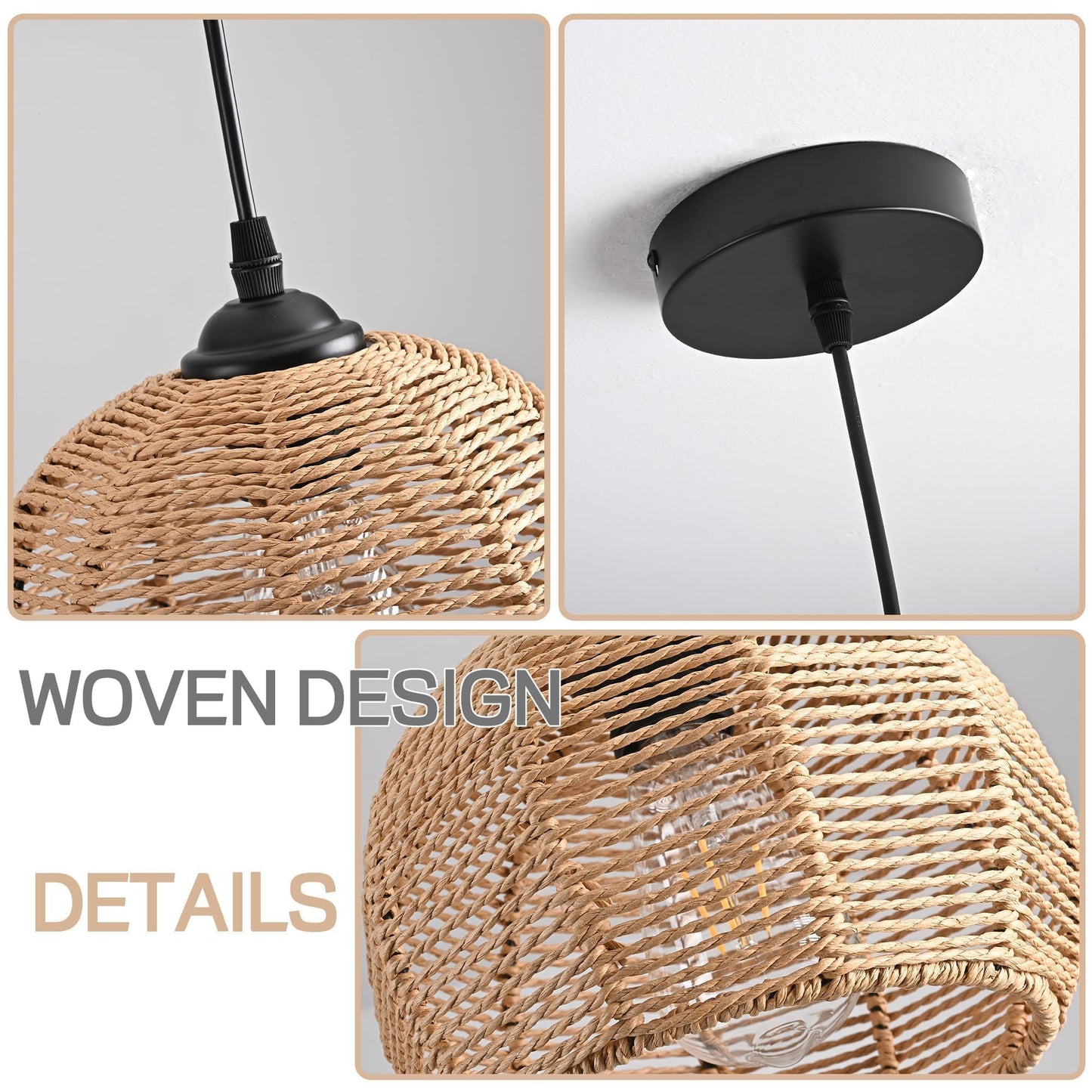 AyshwillDec 3 Pack Wicker Pendant Light Natural Woven Pendant Light Boho Chandelier Light Fixture Dome Rustic Farmhouse Pendant Lights Rattan Light Fixture for Dining Room Kitchen Island (Bulb Incl.)