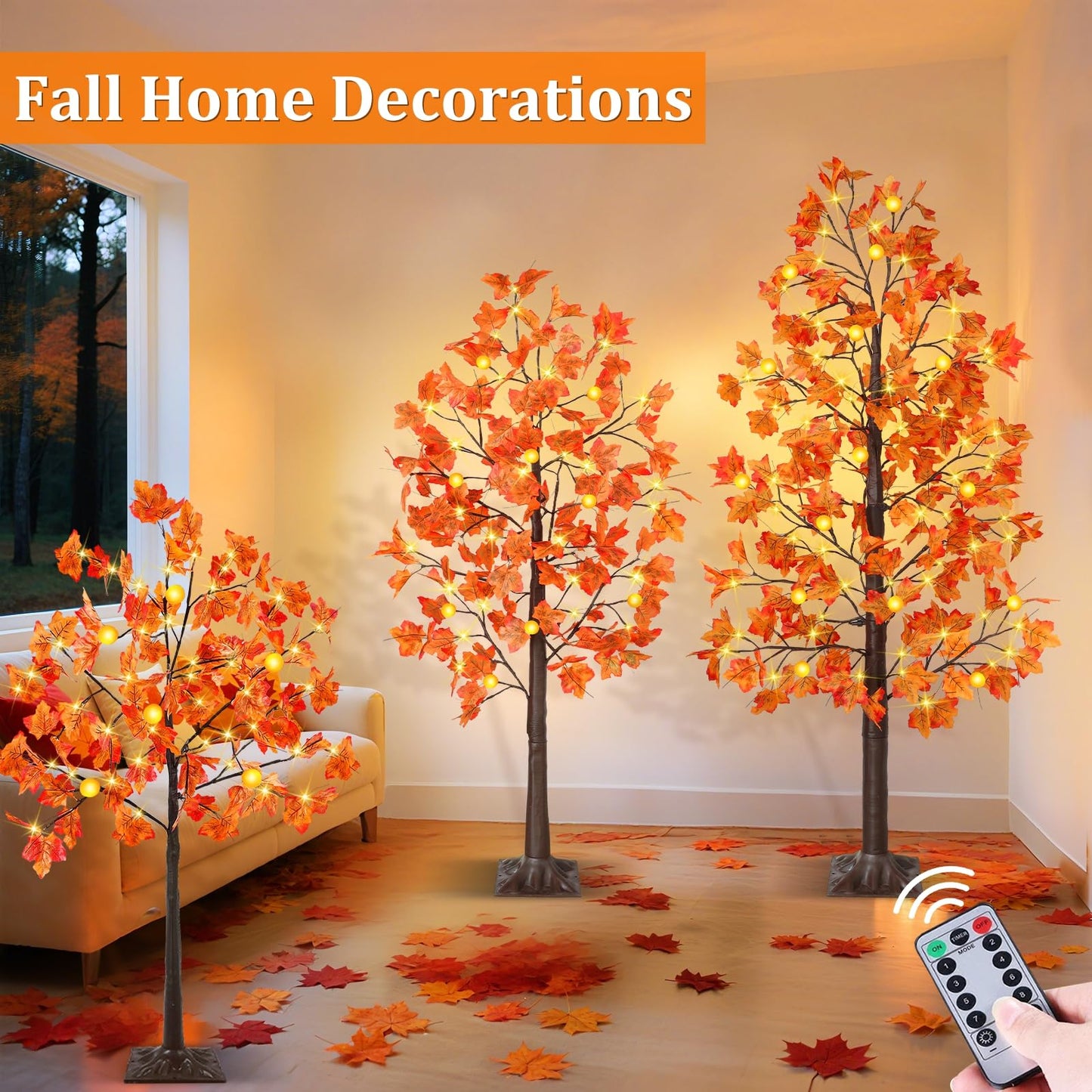 8 Modes & Remote - 3 Pack Lighted Fall Tree (4FT, 5FT, 6FT) with 240 Warm White LED Lights, Timer/USB Plug, Fall Decorations for Home Maples Tree for Autumn Thanksgiving Decor Party Indoor Outdoor