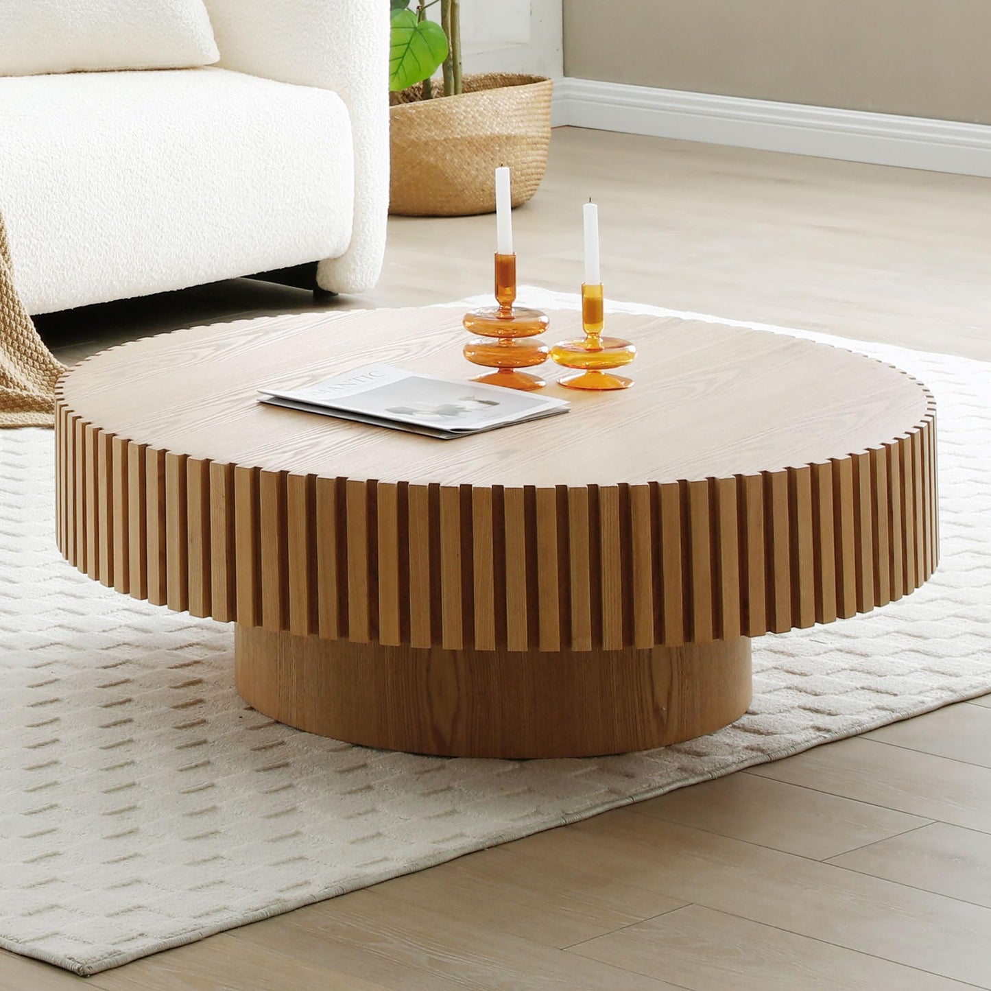 39.4" Oak Round Coffee Table Wood, Modern Drum Fluted Coffee Table for Living Room, Contemporary Low Circle Center Table Side Table for Apartment, Farmhouse, Office, mesa de Cafe