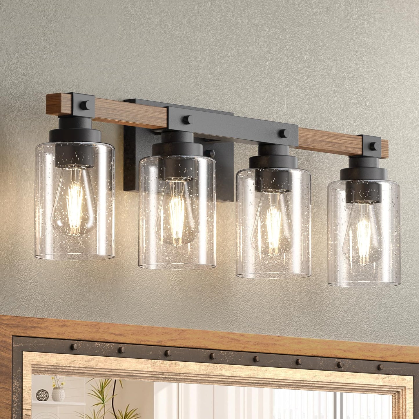 Amico Farmhouse Bathroom Vanity Light Fixtures,Rustic 4-Light Industrial Painted Wood Lights,Vintage Black Wall Sconces Bathroom Vanity Lighting with Bubble Glass Shade