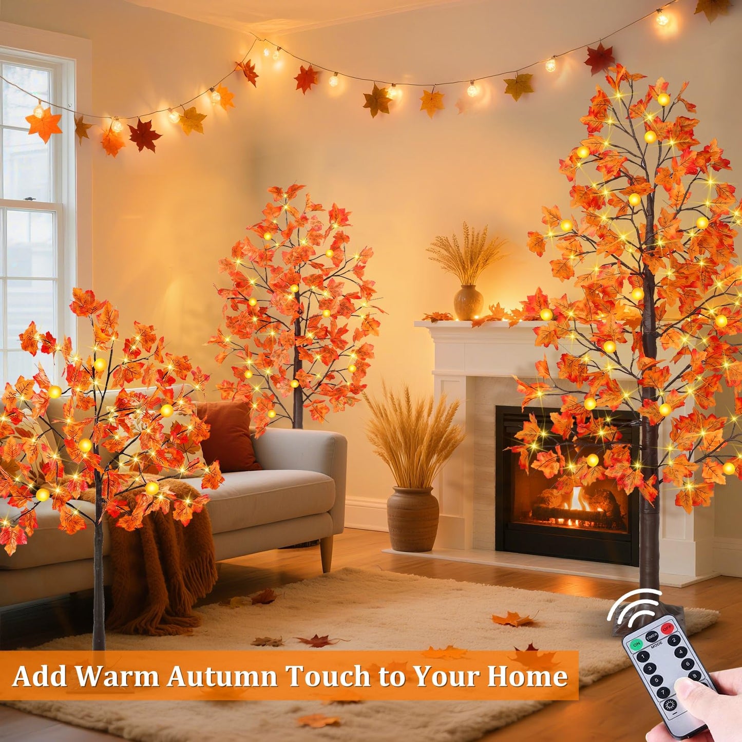 8 Modes & Remote - 3 Pack Lighted Fall Tree (4FT, 5FT, 6FT) with 240 Warm White LED Lights, Timer/USB Plug, Fall Decorations for Home Maples Tree for Autumn Thanksgiving Decor Party Indoor Outdoor