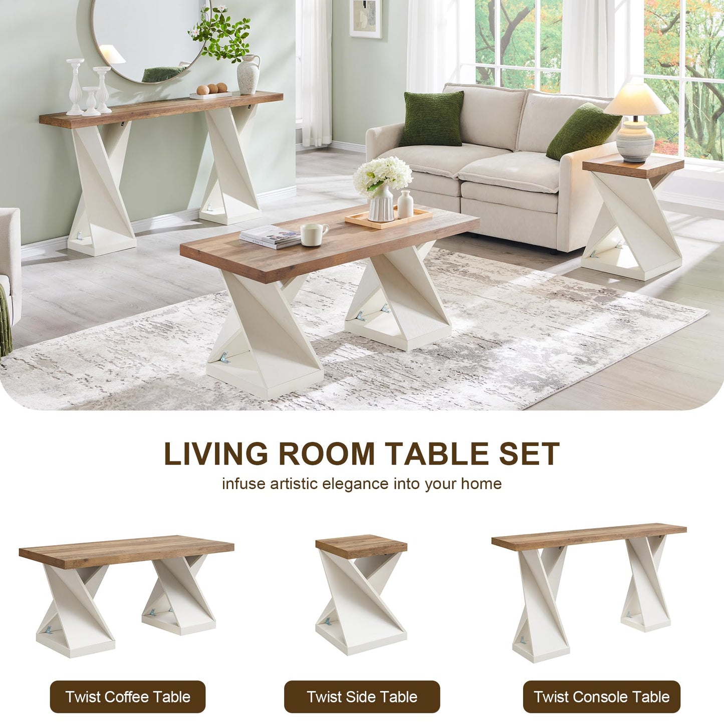 OKD Modern Entryway Table, 63" Twisted Console Table with Wood Pedestal, Farmhouse Sofa Table with Storage, Rustic Entry Table Tor Living Room, Entryway, Hallway, Antique White