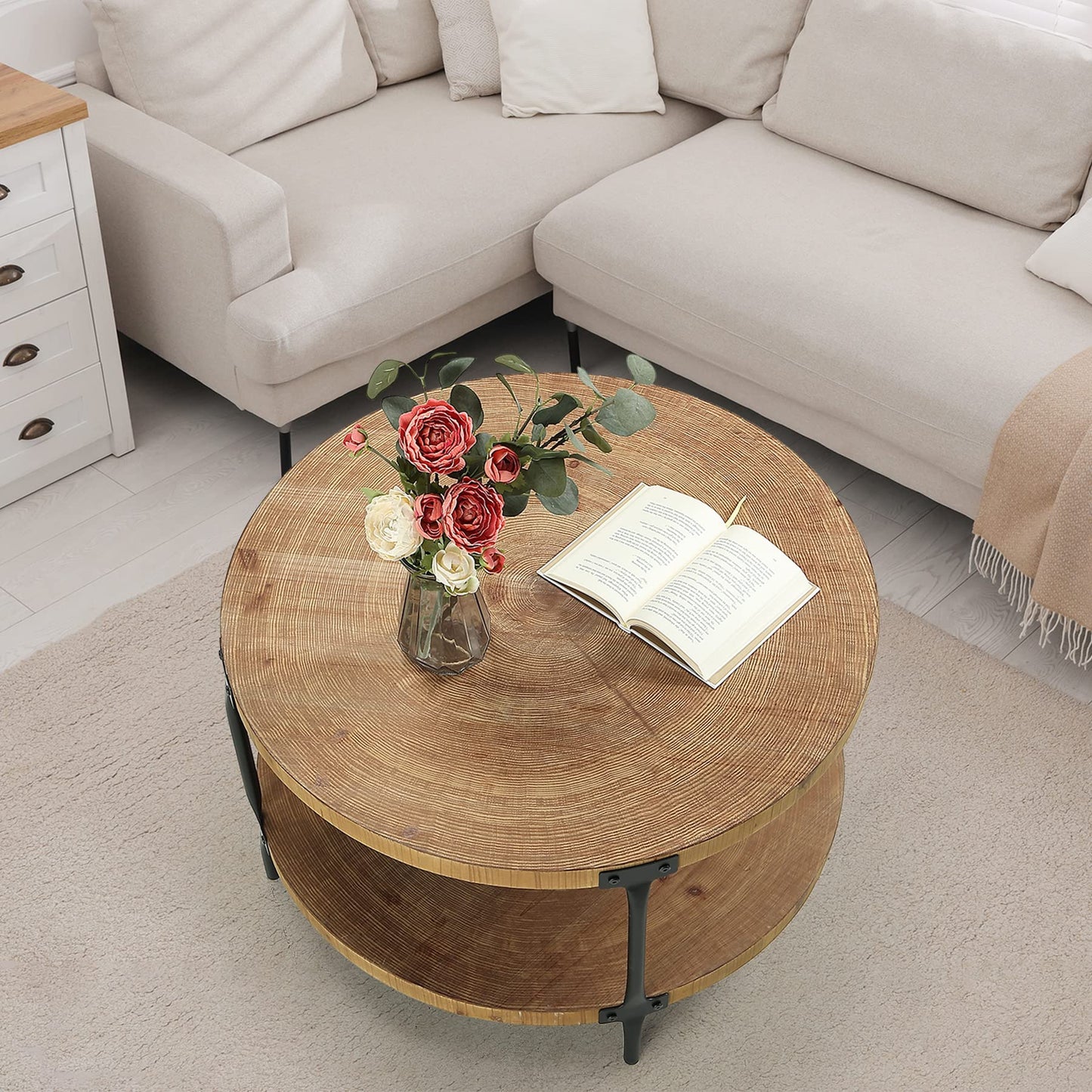 Awescuti Round Boho Wood Coffee Table - 29.1" Farmhouse Natural Circle Wooden 2-Tier Coffee Tables Living Room Furniture, Natural Wood Color, 29.1" D x 18.3" H