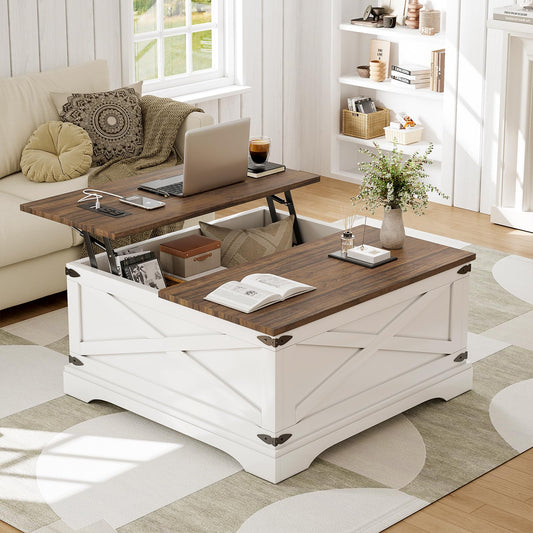 BROTTAR Lift Top Coffee Table with Storage, Square Coffee Table for Living Room with Charging Ports, Farmhouse Dining Table with Large Hidden Storage, White, 31.5"