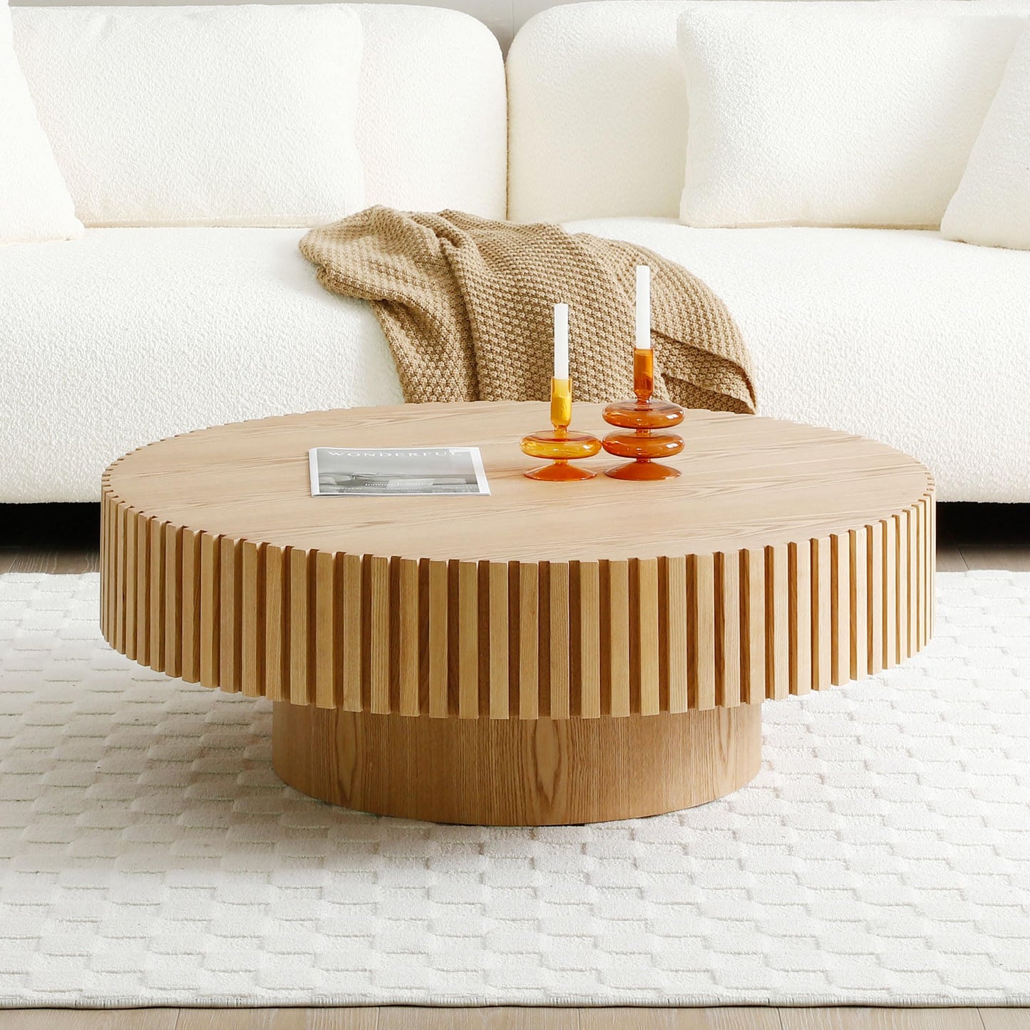 39.4" Oak Round Coffee Table Wood, Modern Drum Fluted Coffee Table for Living Room, Contemporary Low Circle Center Table Side Table for Apartment, Farmhouse, Office, mesa de Cafe