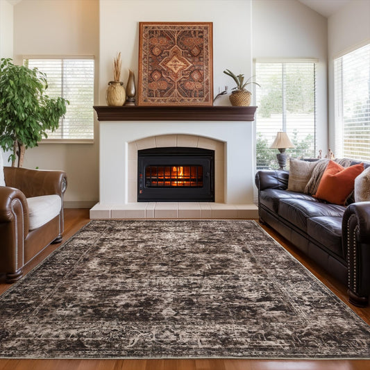 CRYPTOLITE Rugs for Living Room, 6x9 Large Area Rugs Ultra Soft Washable, 0.3″ Vintage Boho Faux Wool Carpet for Dining Room, Bedroom, Office, Home Decor (Brown)