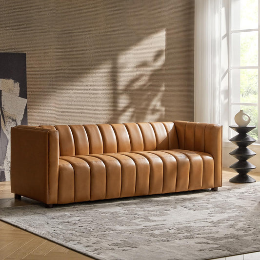 HULALA HOME 83" Genuine Leather Sofa, Sofa Leather for Living Room, 3 Seater Sofa Couch Top Layer Leather Large Sofa Furniture with Channel Tufted Seat Back & Square Arms (Camel)