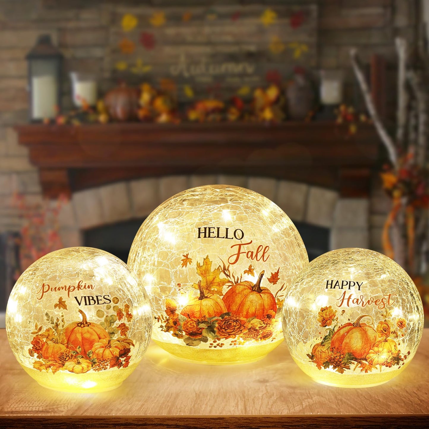 NEEDOMO Fall Table Decor, Set of 3 Sparkling Crackle Glass Ball with LED Lights Timer Pumpkin Gnomes for Thanksgiving Decor, Autumn Centerpieces Thanksgiving Decorations for HomeTabletop Mantel Indoor