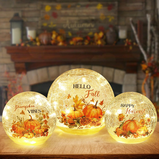 NEEDOMO Fall Table Decor, Set of 3 Sparkling Crackle Glass Ball with LED Lights Timer Pumpkin Gnomes for Thanksgiving Decor, Autumn Centerpieces Thanksgiving Decorations for HomeTabletop Mantel Indoor