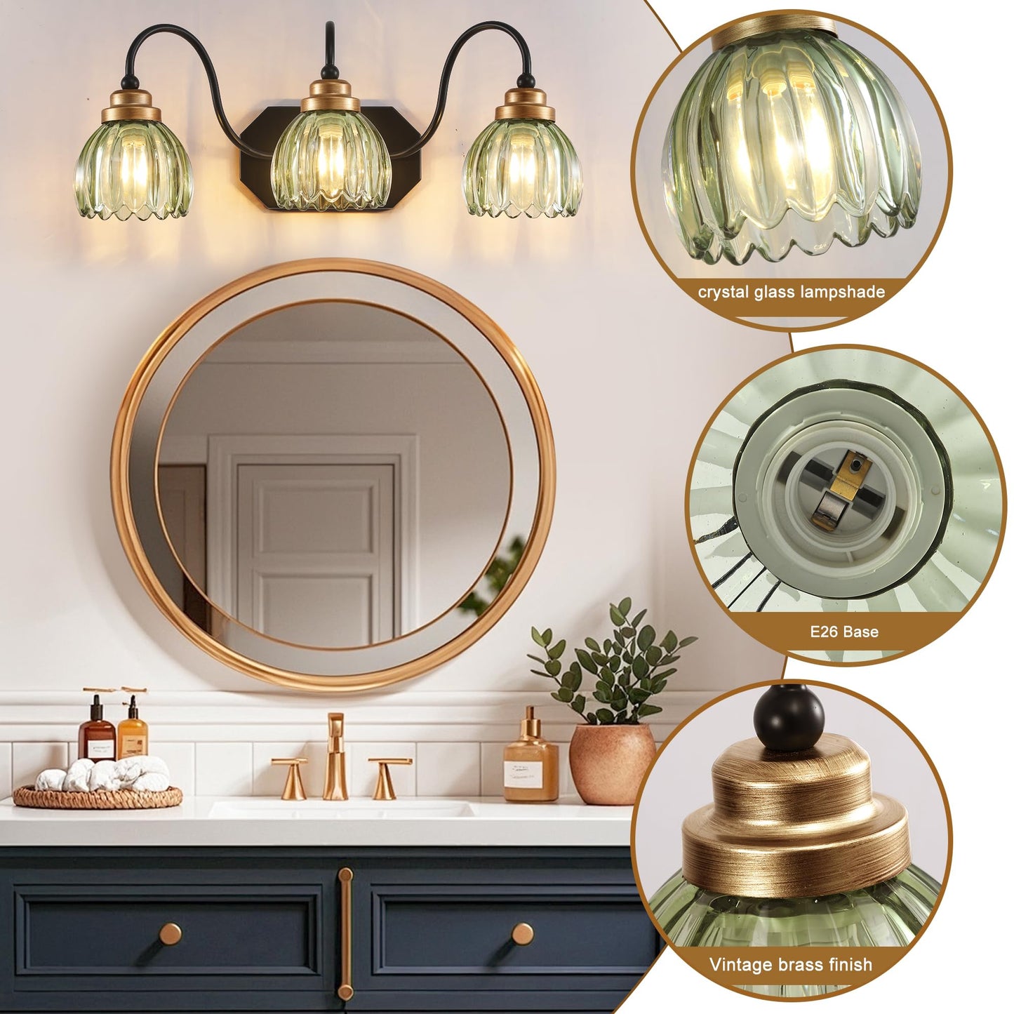 Vintage Bathroom Vanity Light, Bathroom Lighting Fixtures Over Mirror, Mid Century Style Farmhouse Light Fixtures with Green Glass Shades, Black Finish Wall Mount for Bedroom (Green, 3-Light)