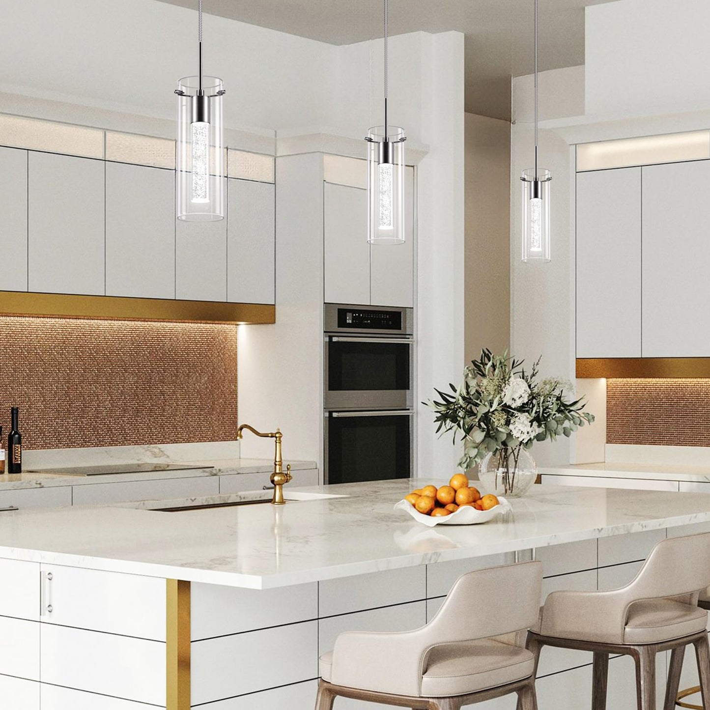 Esfos Pendant Ceiling Light Fixture, LED Kitchen Lighting Crystal Pendant Lights Kitchen Island, 1-Light Integrated Kitchen Hanging Light Fixture Modern Island Light with Bubble Glass Three Pack