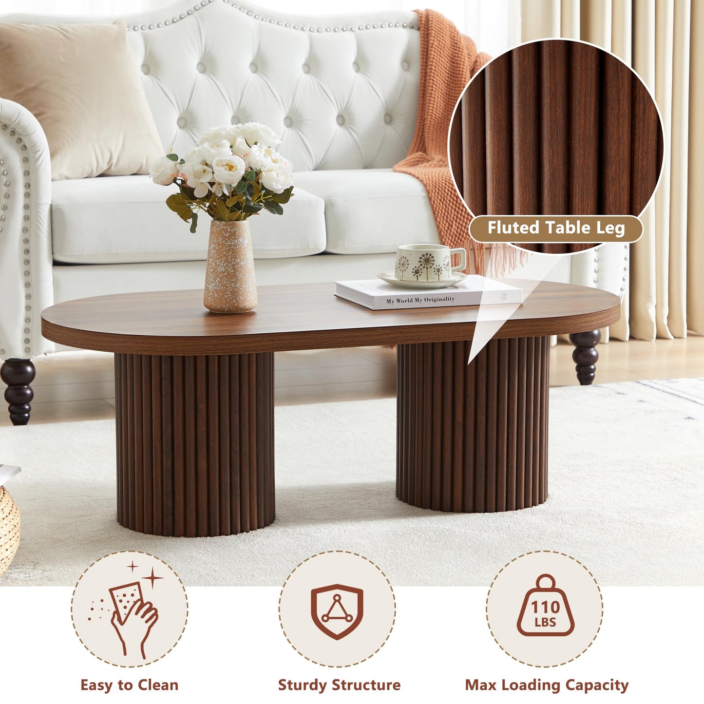 RUSTYER Oval Fluted Coffee Table, Farmhouse Wood Coffee Table Mid Century Modern Center Table Boho Living Room Tables for Living Room Office (Walnut, 19.69" D x 39.38" W x 13.78" H)