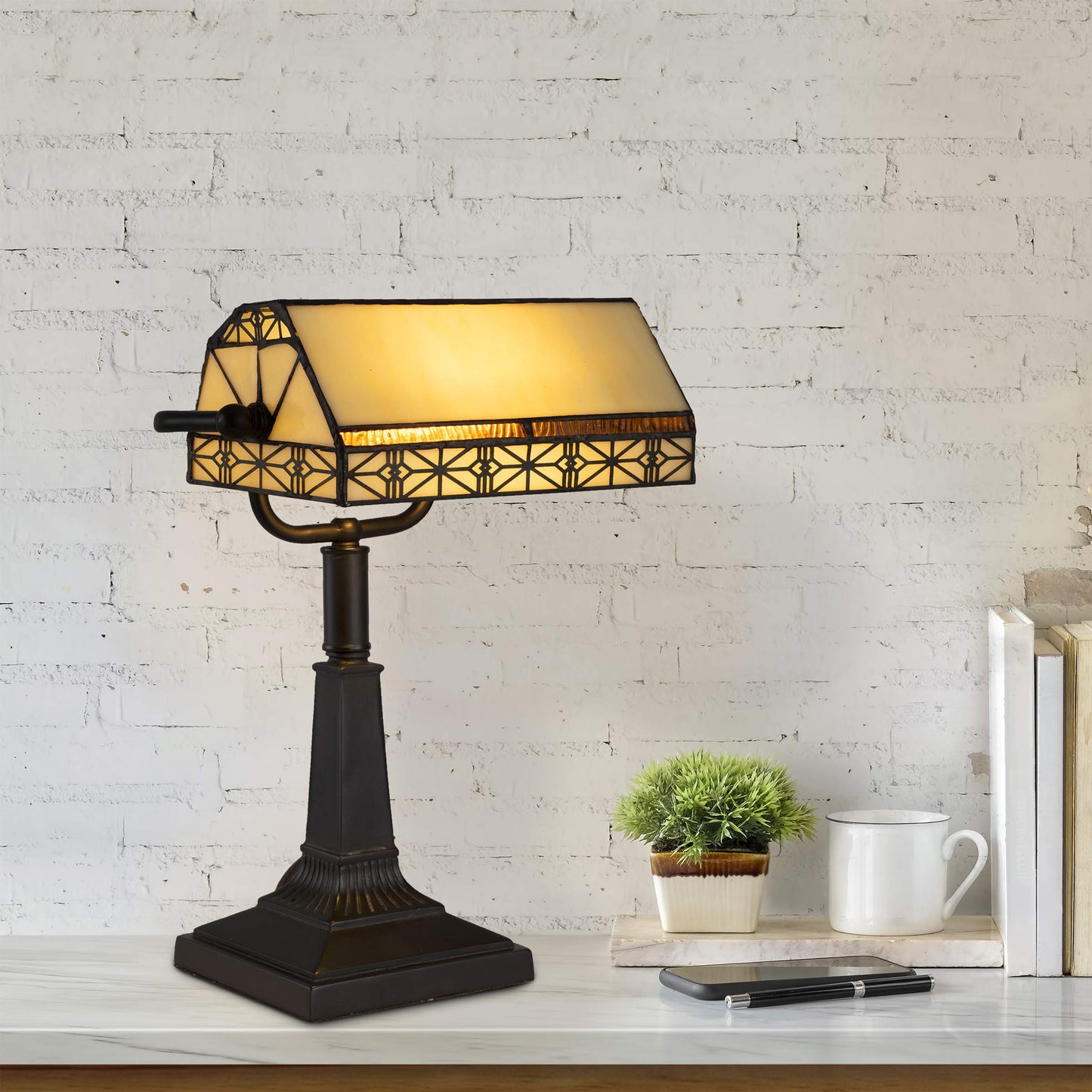 Lavish Home Tiffany-Style Bankers Lamp - Vintage-Looking Mission-Style Table or Desk LED Light with Stained Glass Shade (Dark Brown)