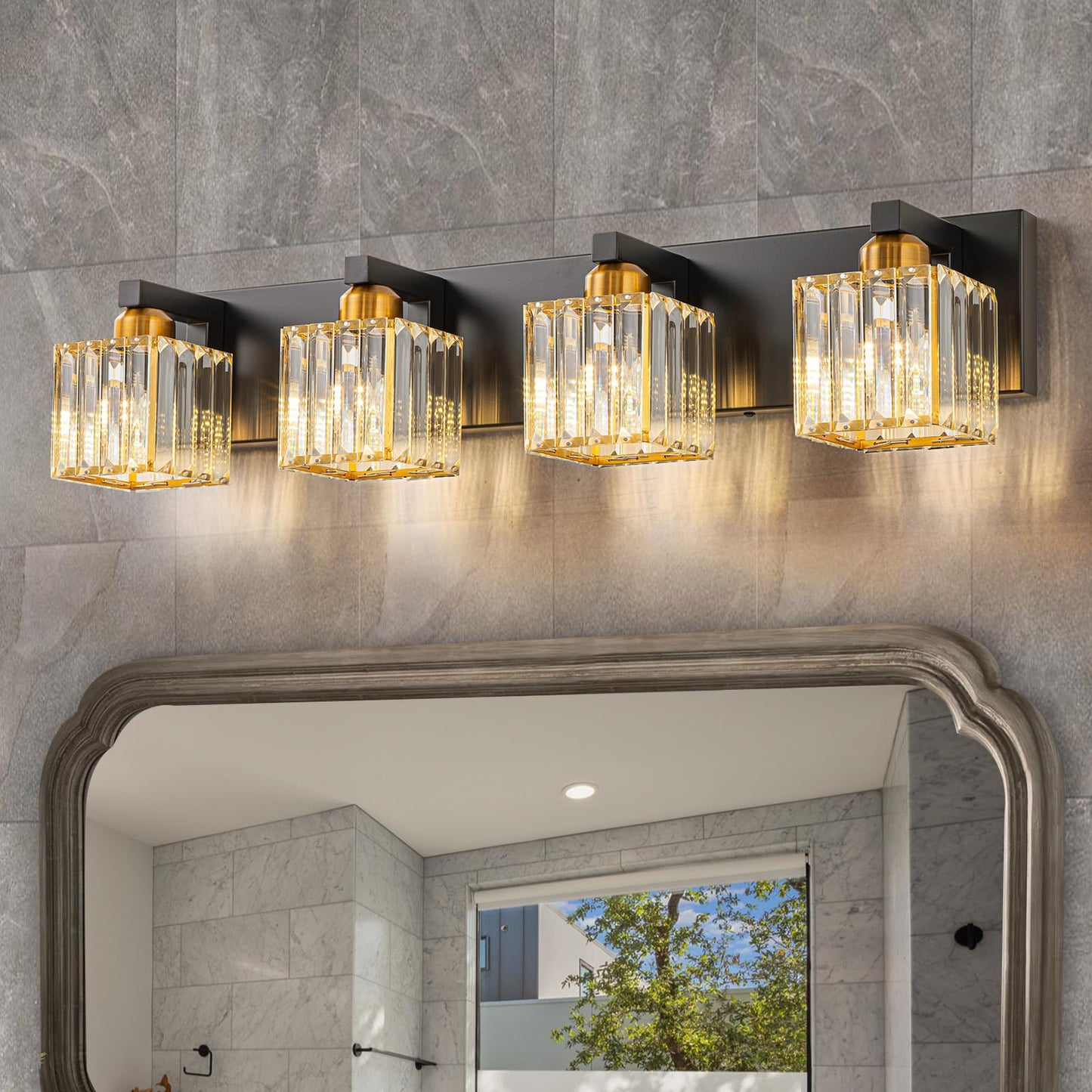 HUOKU Crystal Black Gold Bathroom Vanity Light, 4-Lights Bathroom Lighting Fixtures Over Mirror Modern Crystal Wall Lighting with Square Shade