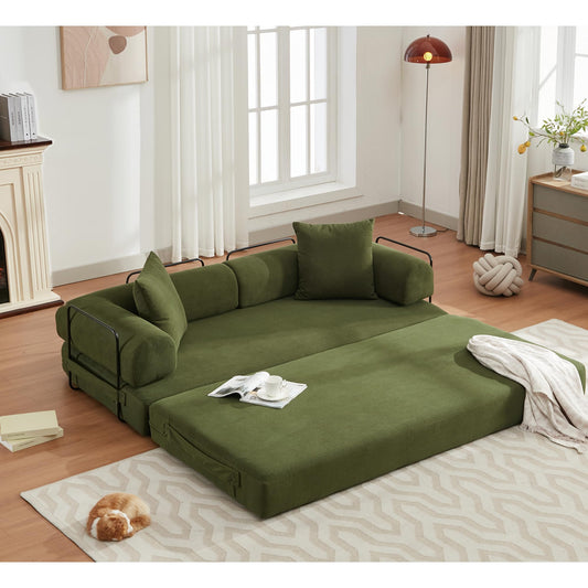 ZEIINPA Convertible Sleeper Sofa Bed with Cylindrical Pillow, Corduroy Folding Mattress Couch with Fixed-Shape Frame, Floor Sofa Lounge Couch for Living Room Bedroom Lounge Studio-Green