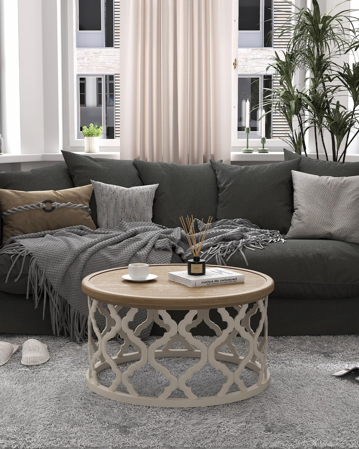 VONLUCE Farmhouse Coffee Table,30'' Round French Country Coffee Table,Distressed Wood Tray Top Vintage Coffee Table with Storage Shelf for Living Room Dining Room Bedroom,Small Space,Beige
