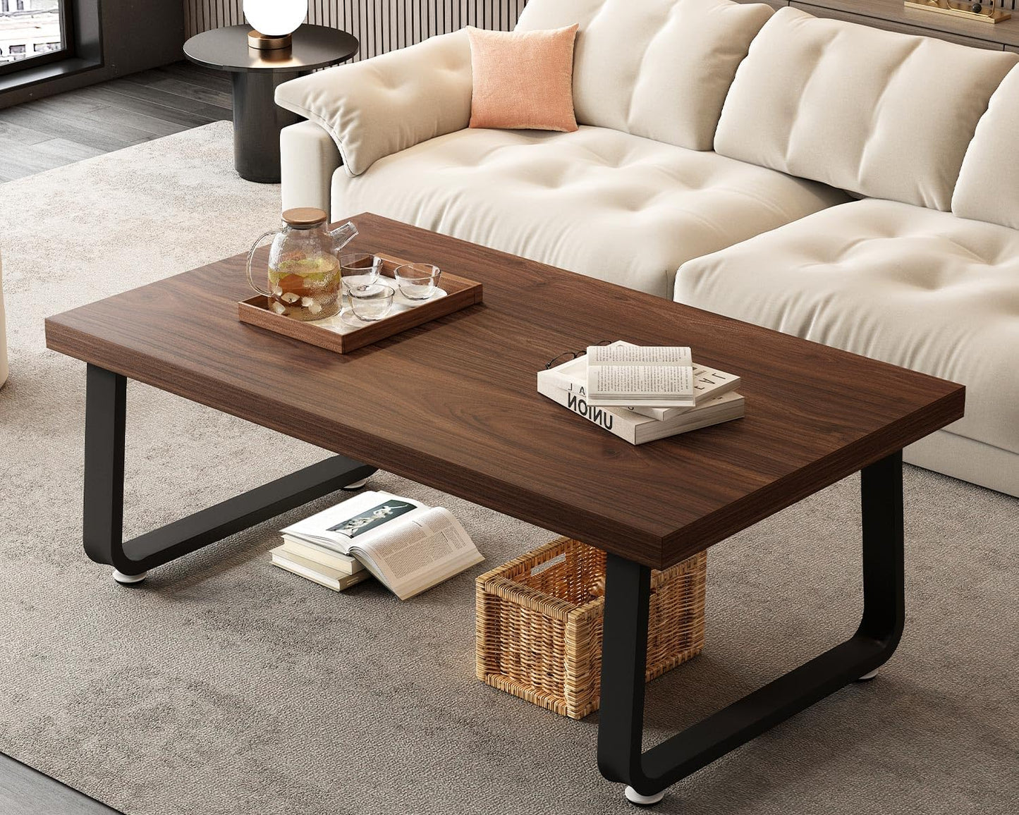 HSH Rustic Walnut Coffee Table, 39” Mid Century Modern Center Table, Rectangle Industrial Living Room Coffee Table, Simple Farmhouse Wood and Metal Tea Coffee Tables for Home Bedroom, Walnut, 39 in