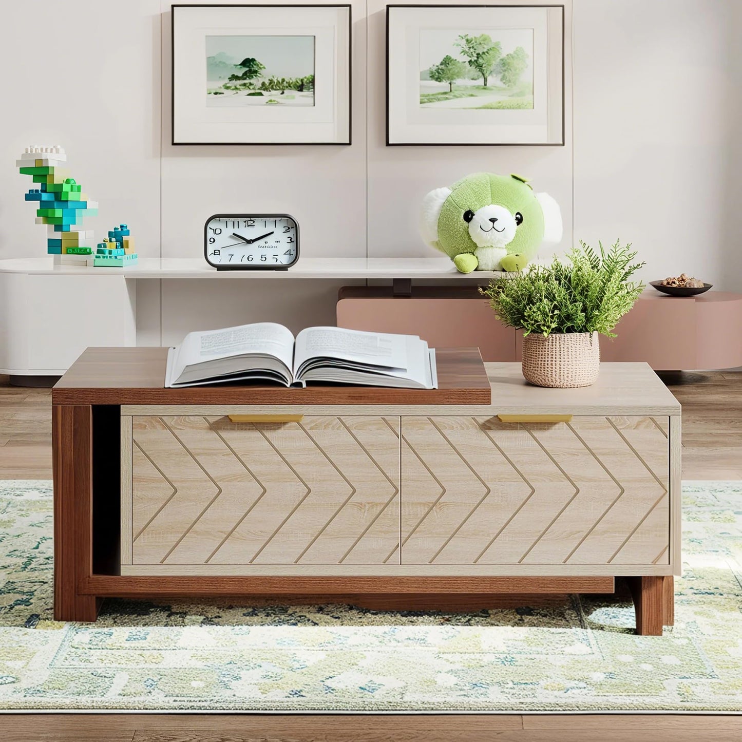 Lawrenis Design Expandable Home Rectangular Wooden Coffee Table, Living Room Center Coffee Table with Storage Drawers, Open Shelves, Natural