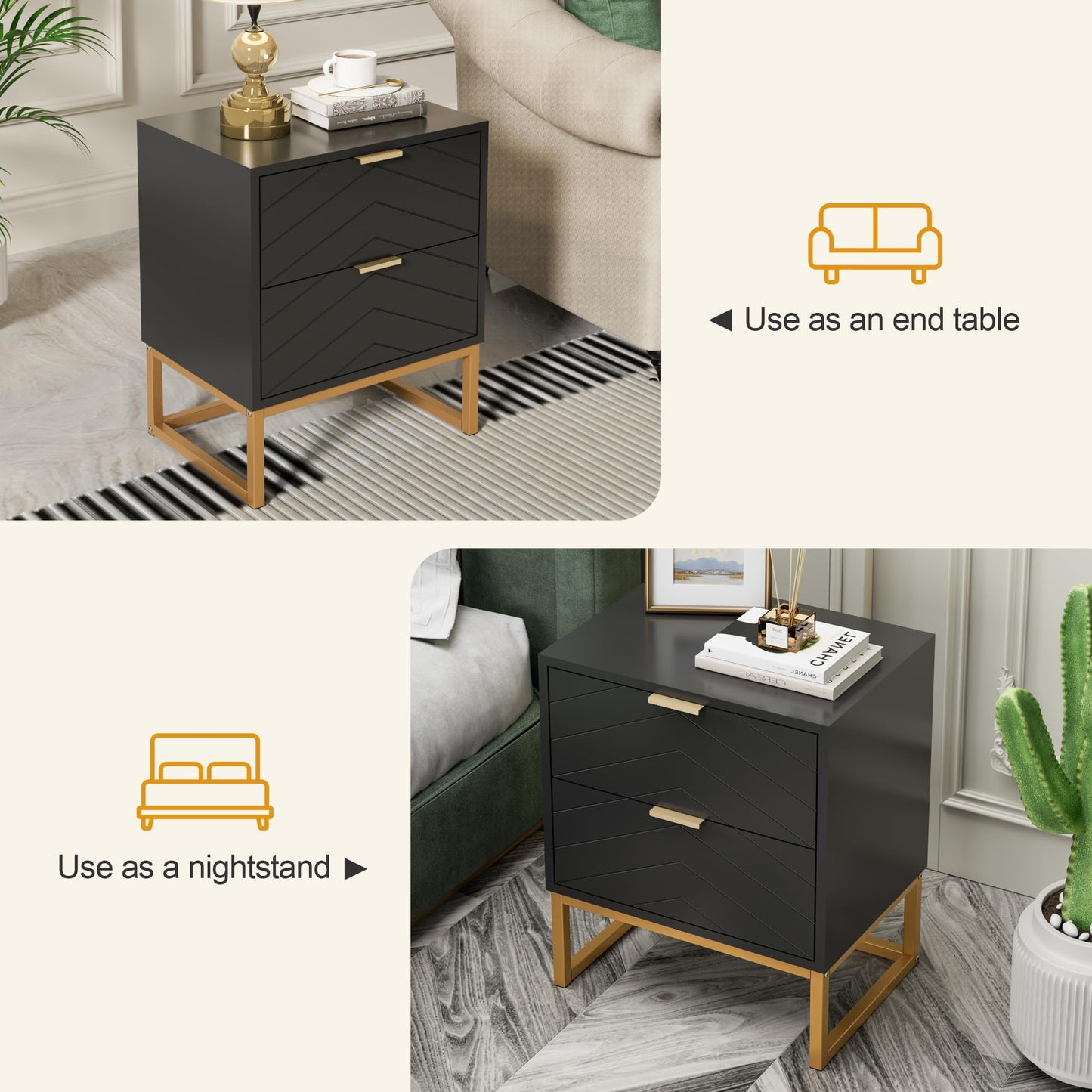 Scurrty Modern Nightstands, 2 Drawer End Table, Small Chest of Drawers, Nightstand Set of 1 for Bedroom,Dressers for Living Room, Bedroom (Black, Single)