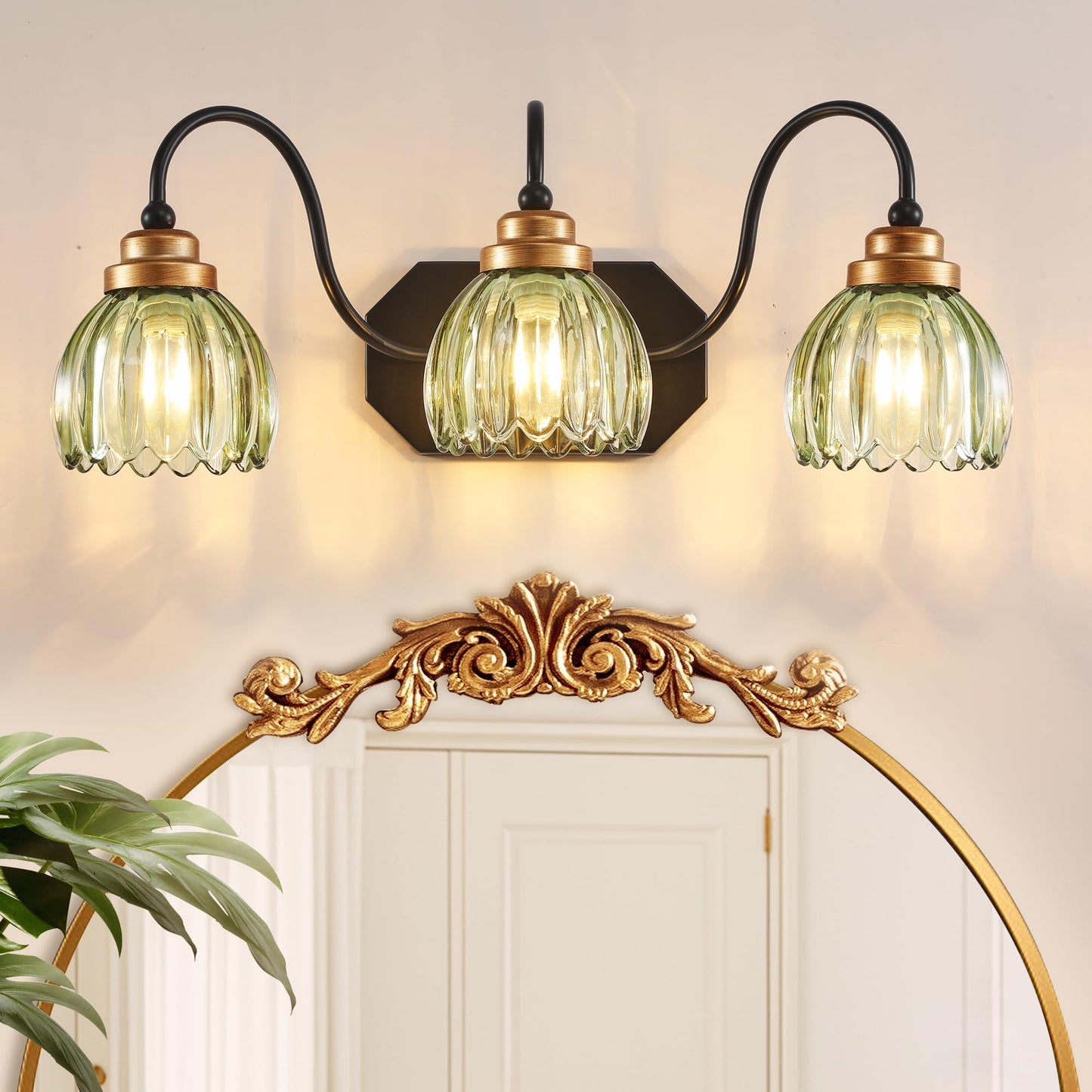 Vintage Bathroom Vanity Light, Bathroom Lighting Fixtures Over Mirror, Mid Century Style Farmhouse Light Fixtures with Green Glass Shades, Black Finish Wall Mount for Bedroom (Green, 3-Light)