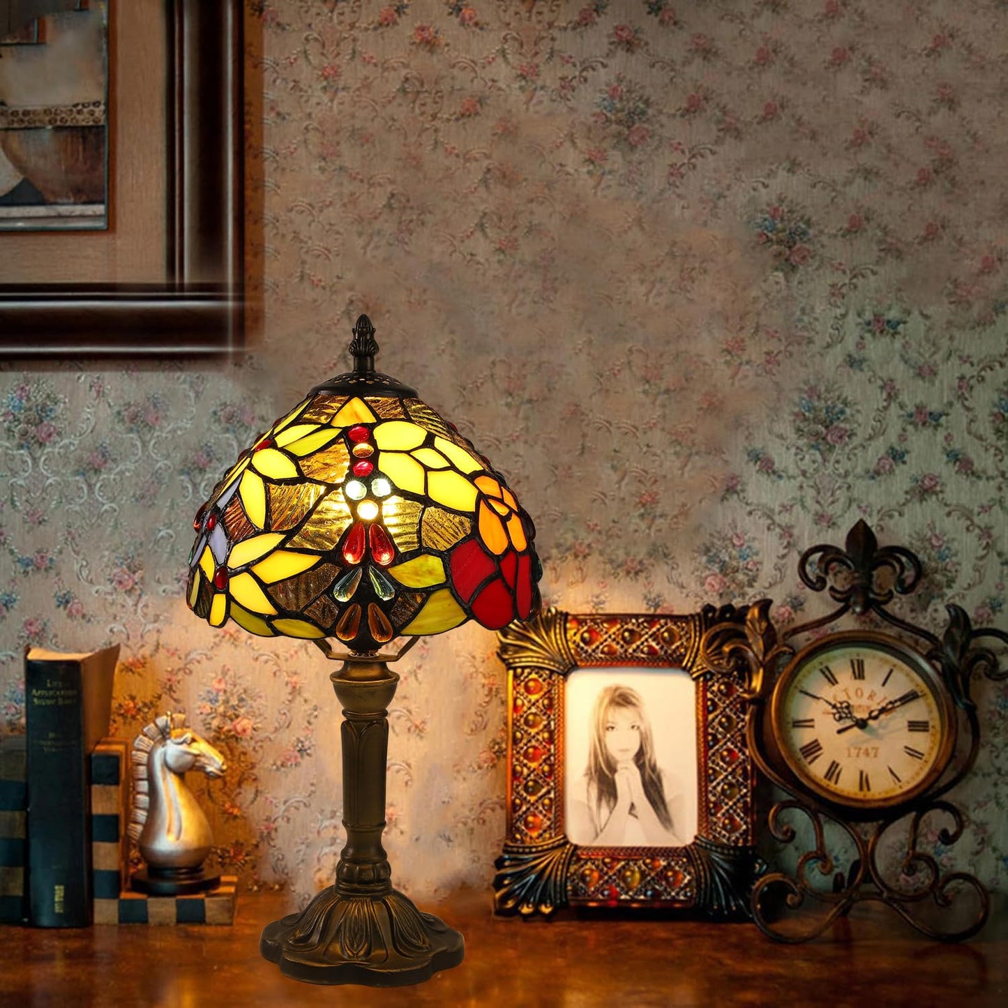 tuomoxte Tiffany Small Table Lamp for Bedroom Set of 2 Bedside Nightstand Lamp Rose Flower Grape Stained Glass Table Lamps for Living Room 3 Light Colors Tempertures Home Office Desk Lamps