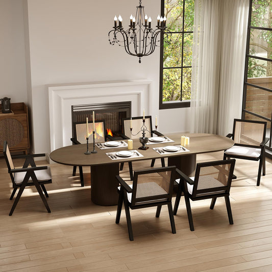 ChicAura Farmhouse Rattan Dining Chairs Set of 6, Modern Upholstered Dining Chairs Cane Back Country Kitchen Chairs with Arms Comfy French Country Linen Side Chairs for Kitchen Dining Room, Black Wood