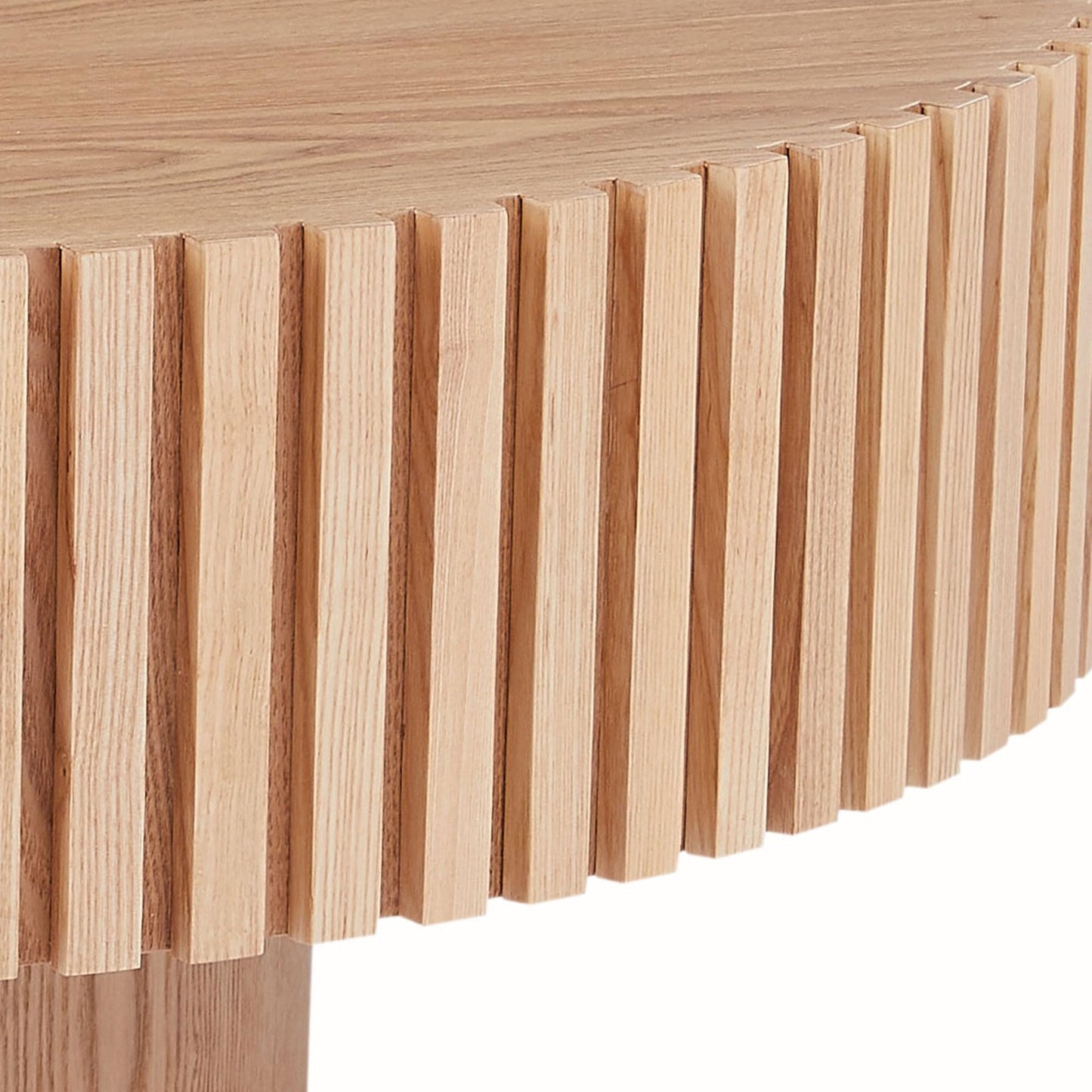39.4" Oak Round Coffee Table Wood, Modern Drum Fluted Coffee Table for Living Room, Contemporary Low Circle Center Table Side Table for Apartment, Farmhouse, Office, mesa de Cafe