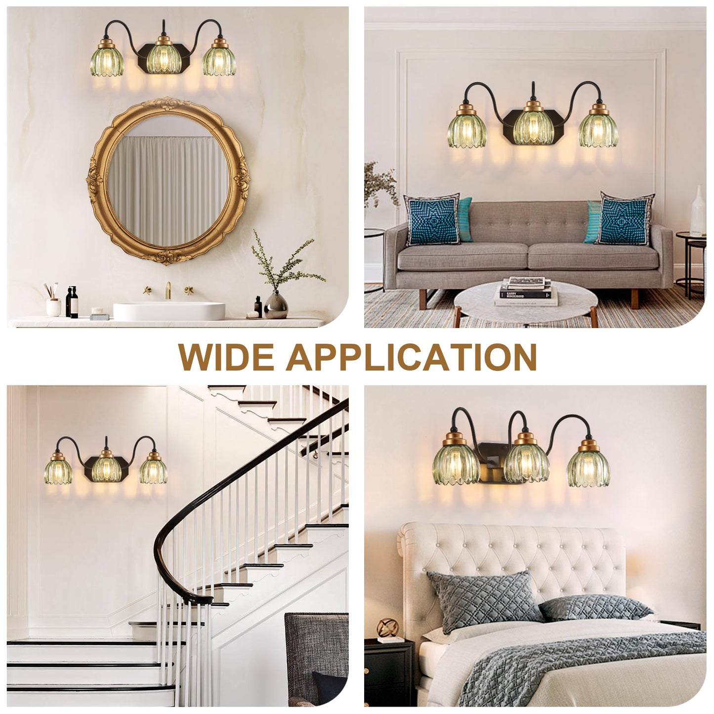 Vintage Bathroom Vanity Light, Bathroom Lighting Fixtures Over Mirror, Mid Century Style Farmhouse Light Fixtures with Green Glass Shades, Black Finish Wall Mount for Bedroom (Green, 3-Light)