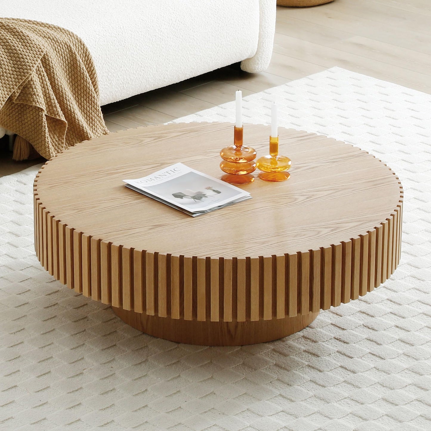 39.4" Oak Round Coffee Table Wood, Modern Drum Fluted Coffee Table for Living Room, Contemporary Low Circle Center Table Side Table for Apartment, Farmhouse, Office, mesa de Cafe