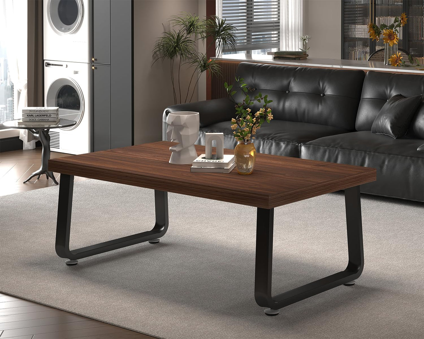 HSH Rustic Walnut Coffee Table, 39” Mid Century Modern Center Table, Rectangle Industrial Living Room Coffee Table, Simple Farmhouse Wood and Metal Tea Coffee Tables for Home Bedroom, Walnut, 39 in