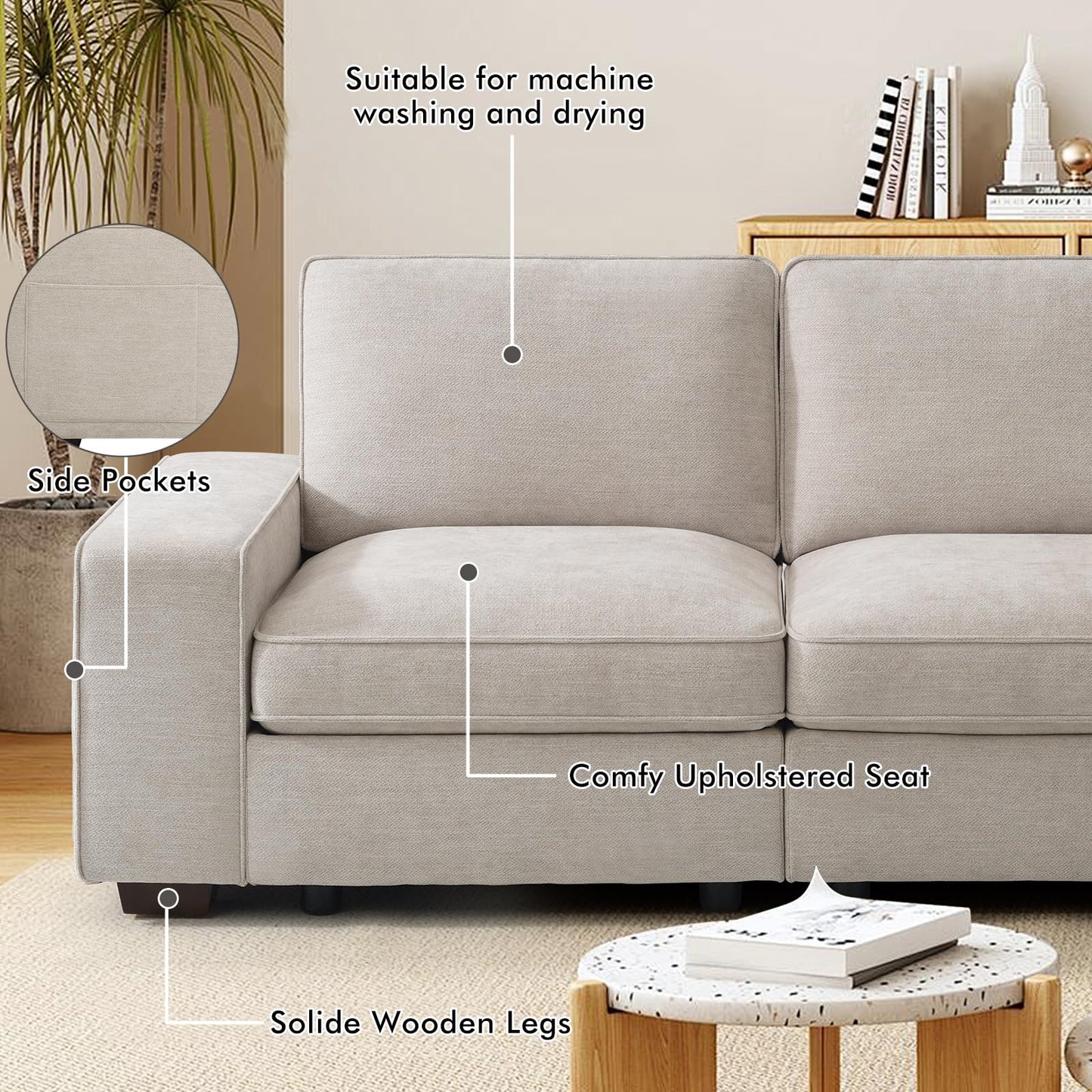 TEKAMON 100" Modular Sofa with Seats Storage, Comfy 3-Seater Chenille Fabric Couch for Living Room, Office, Apart W/Deep Seat, Wide Arms, Side Pockets, USB, Upholstered Couch W/Removable Cover