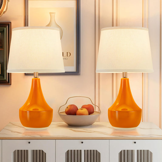 GyroVu Table Lamp Set of 2, Ceramic Table Lamp Classic Beside Lamps Nightstand Lamp Modern Table Lamp for Living Room, Bedroom & Office Rocker Swtich Orange-LED Bulbs Included