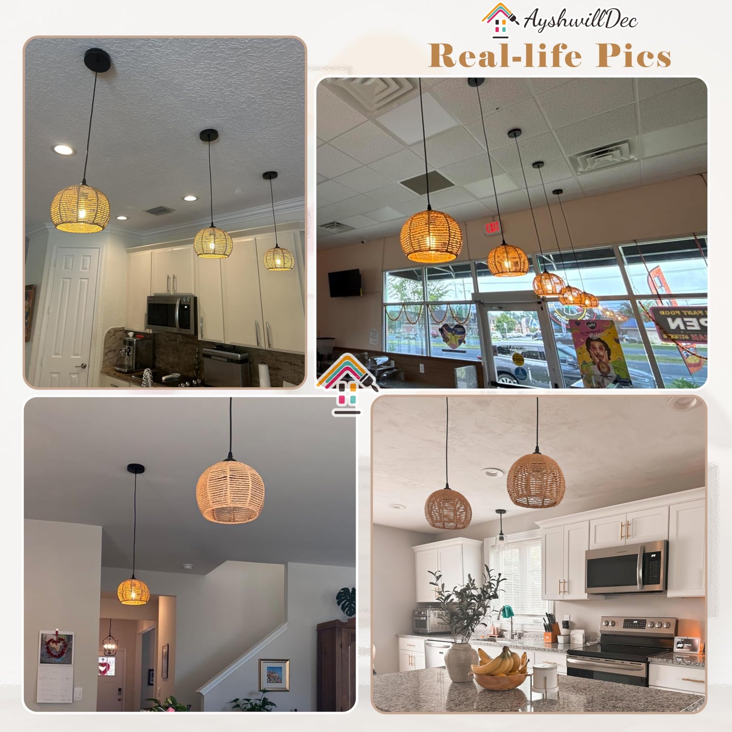 AyshwillDec 3 Pack Wicker Pendant Light Natural Woven Pendant Light Boho Chandelier Light Fixture Dome Rustic Farmhouse Pendant Lights Rattan Light Fixture for Dining Room Kitchen Island (Bulb Incl.)