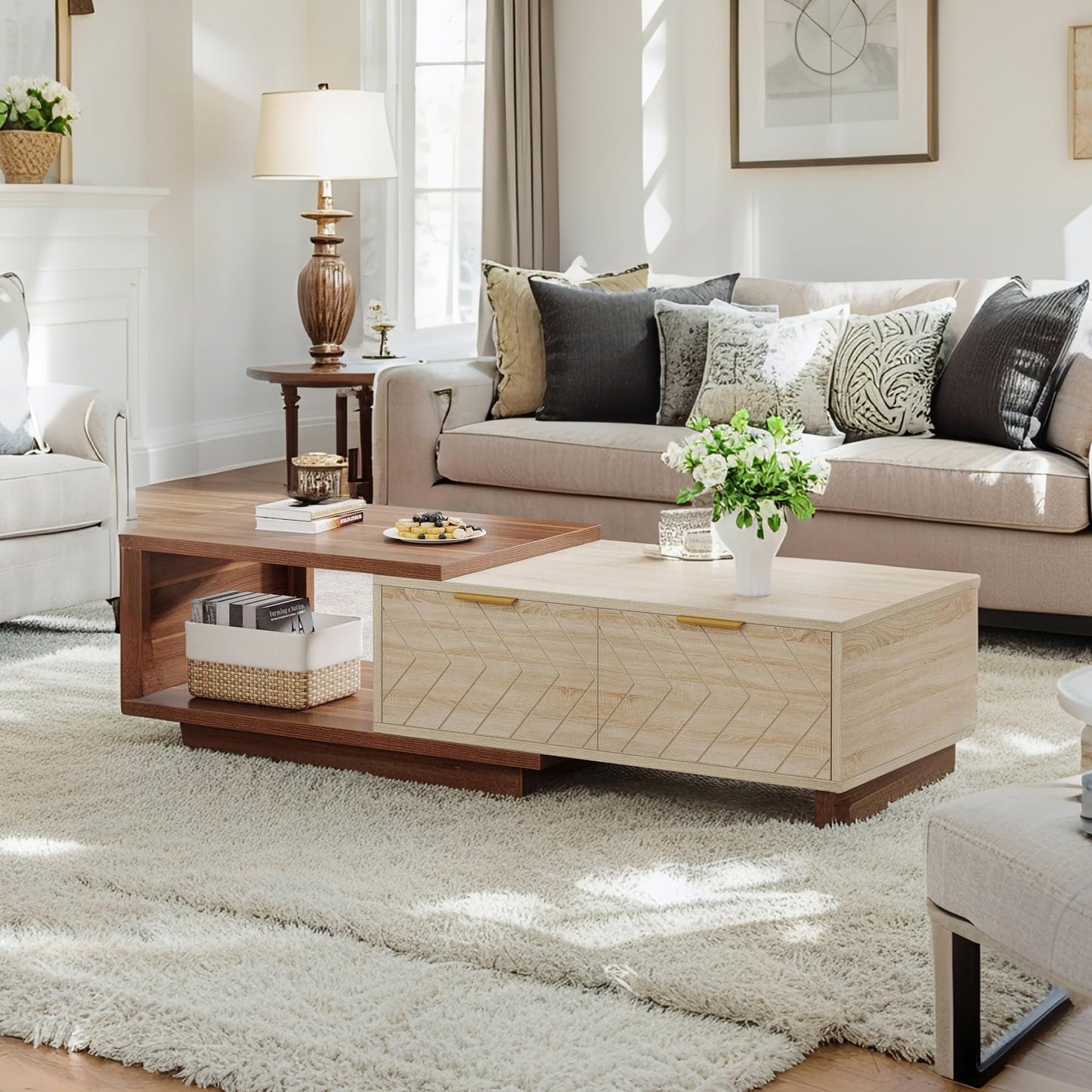 Lawrenis Design Expandable Home Rectangular Wooden Coffee Table, Living Room Center Coffee Table with Storage Drawers, Open Shelves, Natural