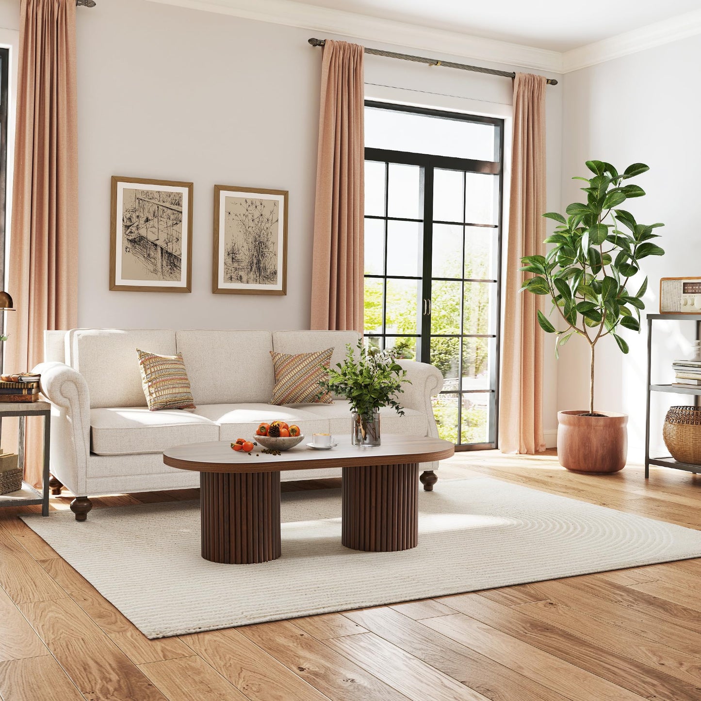 RUSTYER Oval Fluted Coffee Table, Farmhouse Wood Coffee Table Mid Century Modern Center Table Boho Living Room Tables for Living Room Office (Walnut, 19.69" D x 39.38" W x 13.78" H)