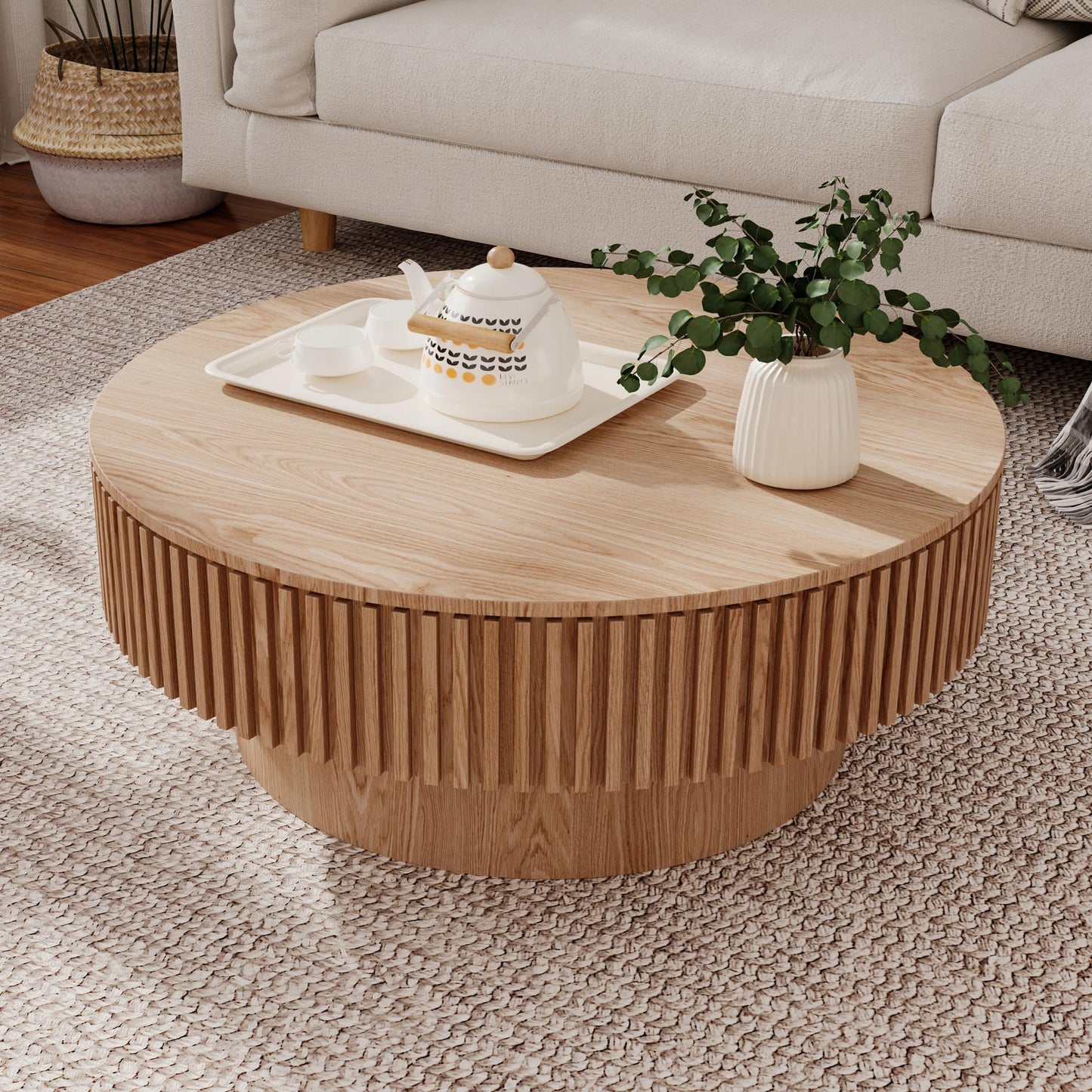 BSYEIO 31.5''Round Coffee Table with Storage, Modern Luxury Circle Drum Center Tables with Solid Wood Veneered, Accent Side Coffee Table for Living Room, Bedroom, Apartment-Natural