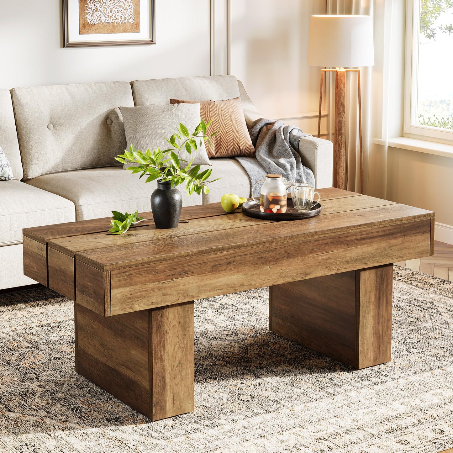 Tribesigns Rectangle Coffee Table, 47.24" Farmhouse Center Table with Slat Tabletop & Thick Base, Rustic Wooden Cocktail Tea Table for Living Room Apartment, Brown